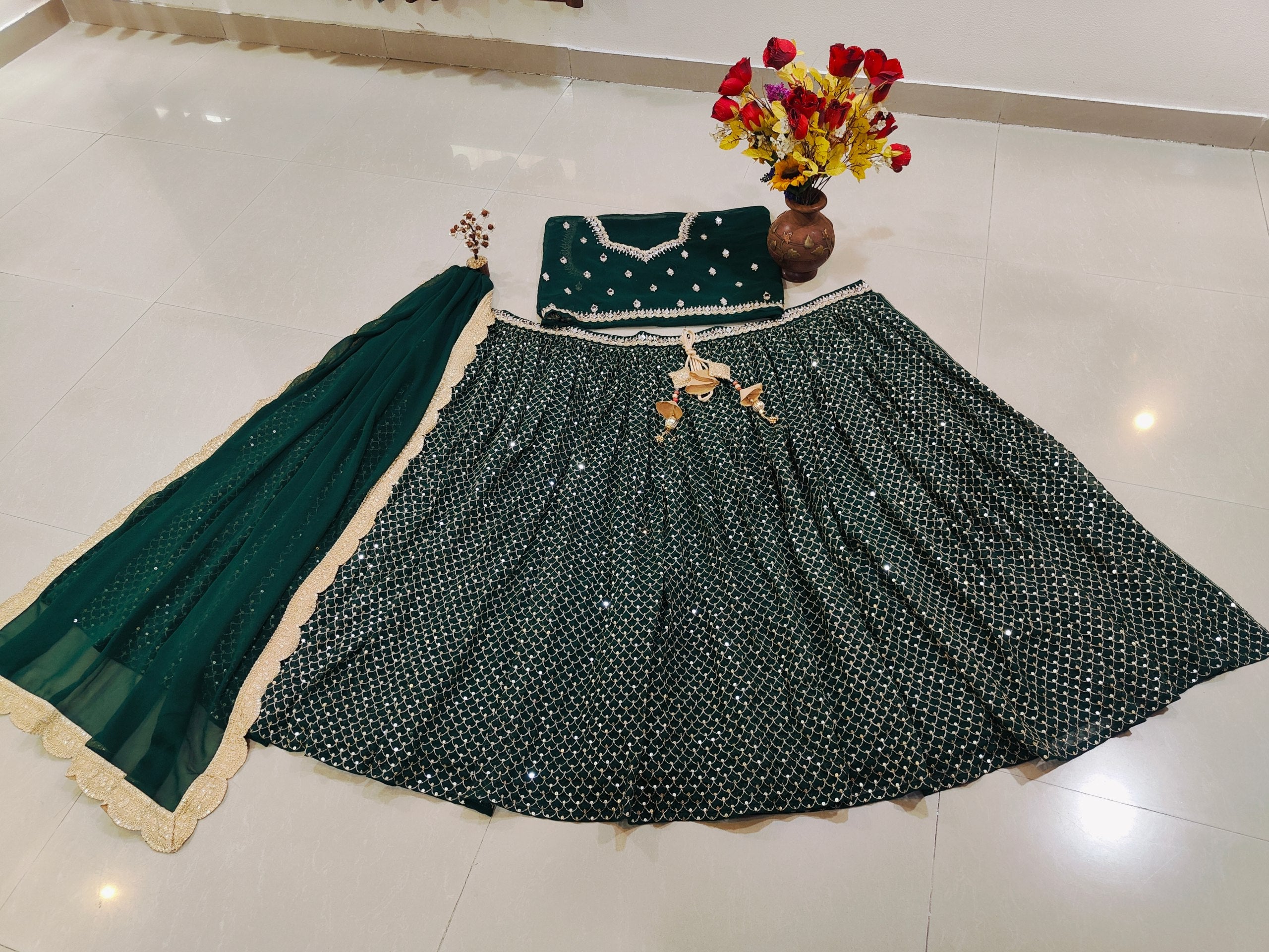 Green Sequins Georgette Lehenga