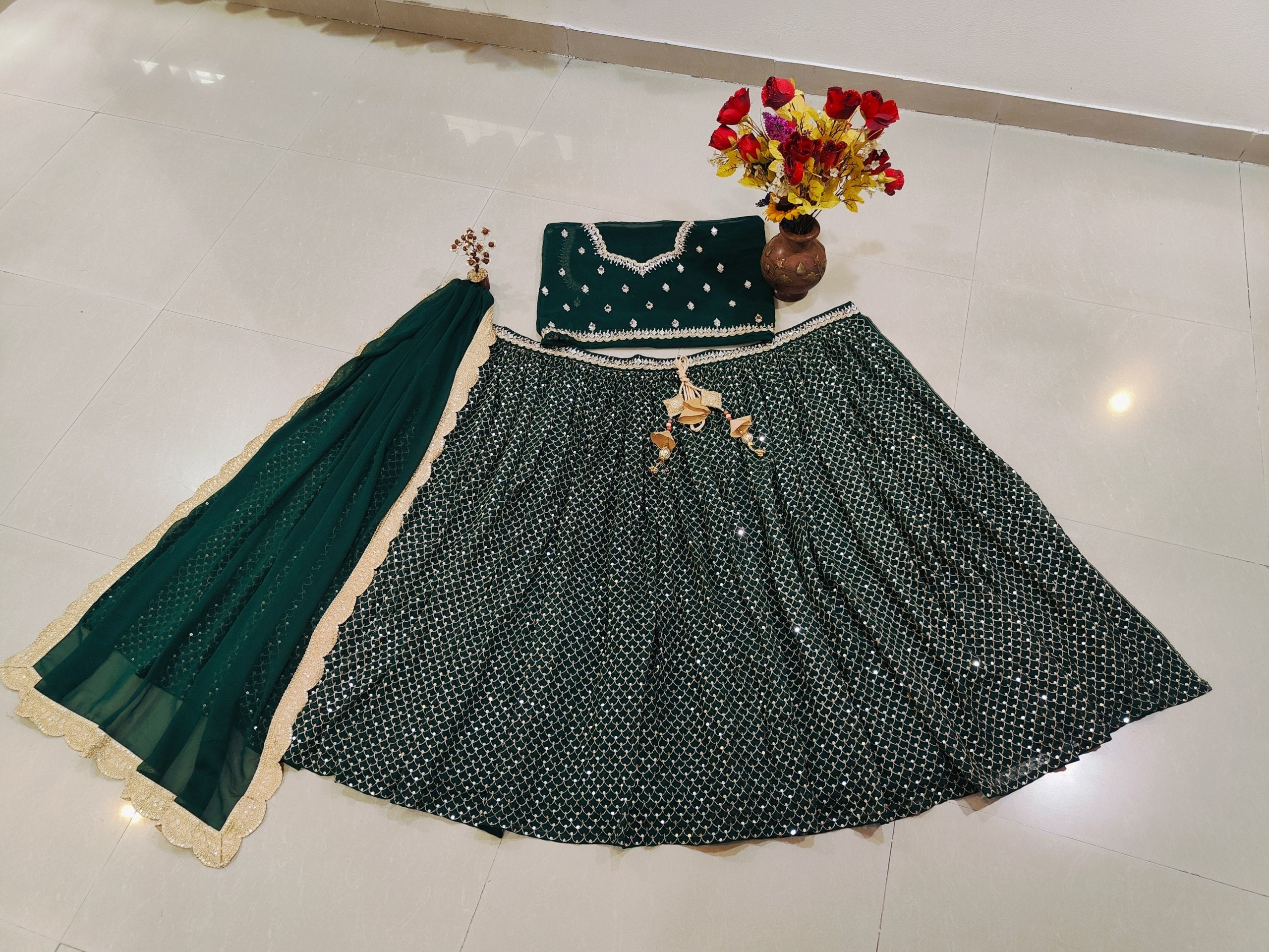 Green Sequins Georgette Lehenga