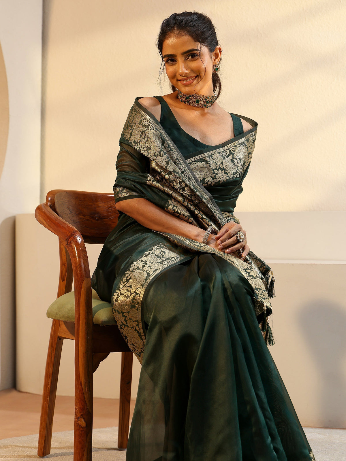 Anouk Green Silk Blend Tassel Saree