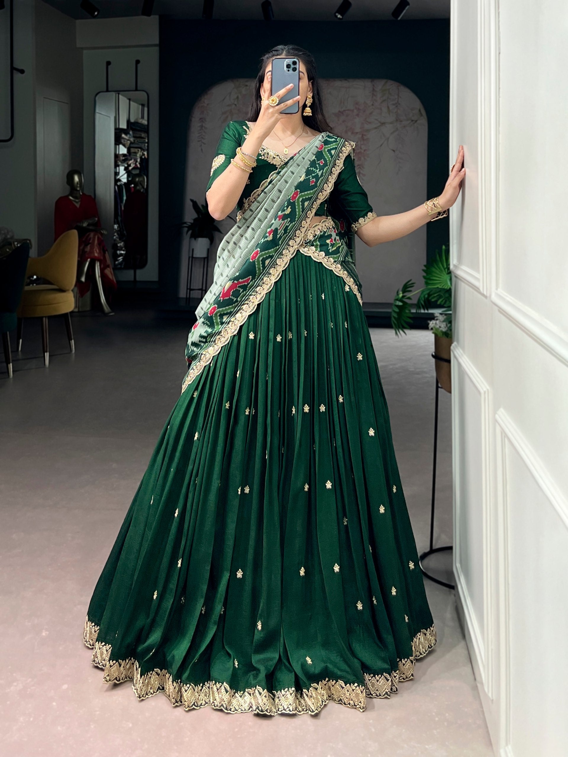 Green Silk Embroidered Lehenga Set