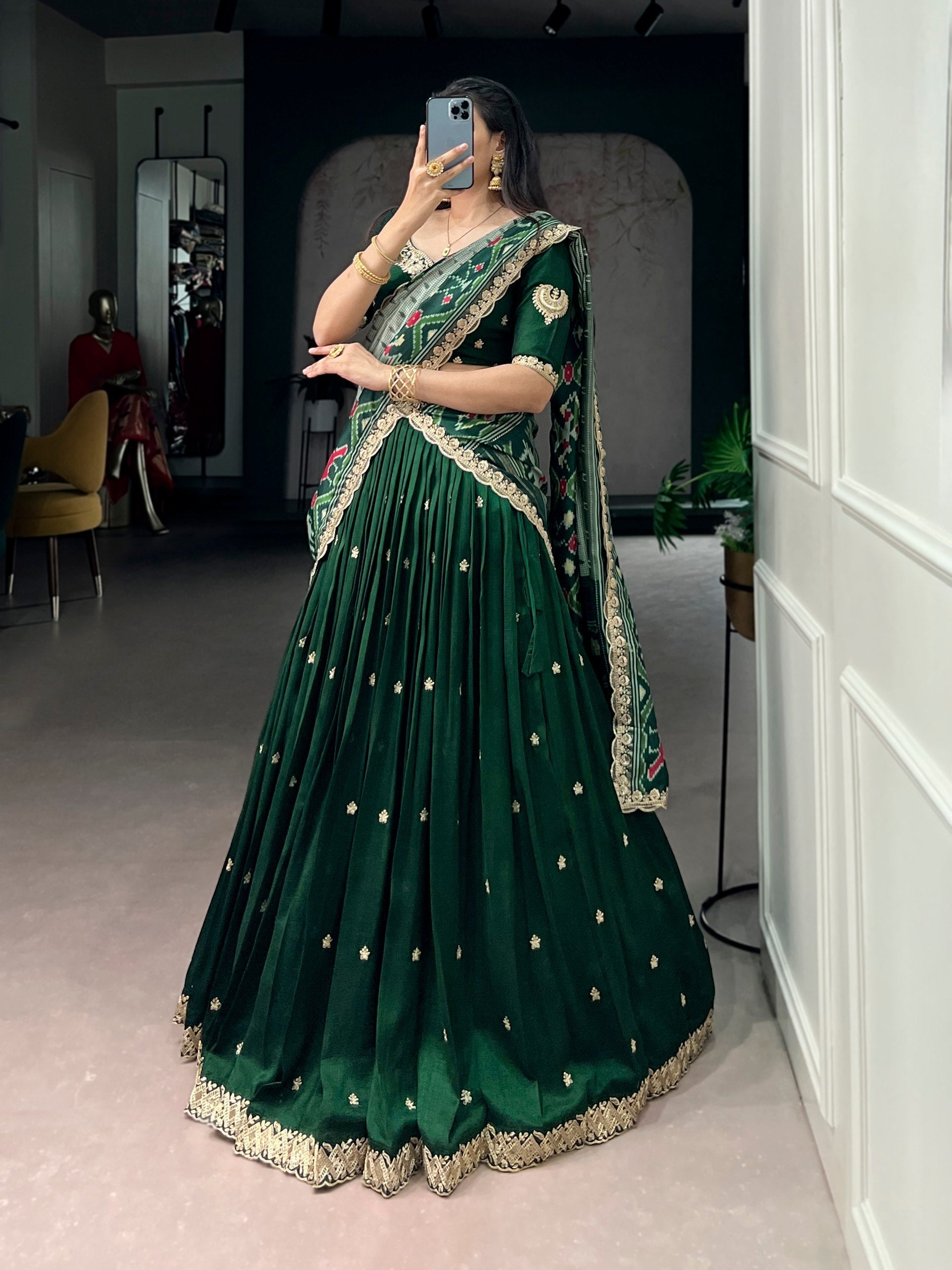 Green Silk Embroidered Lehenga Set