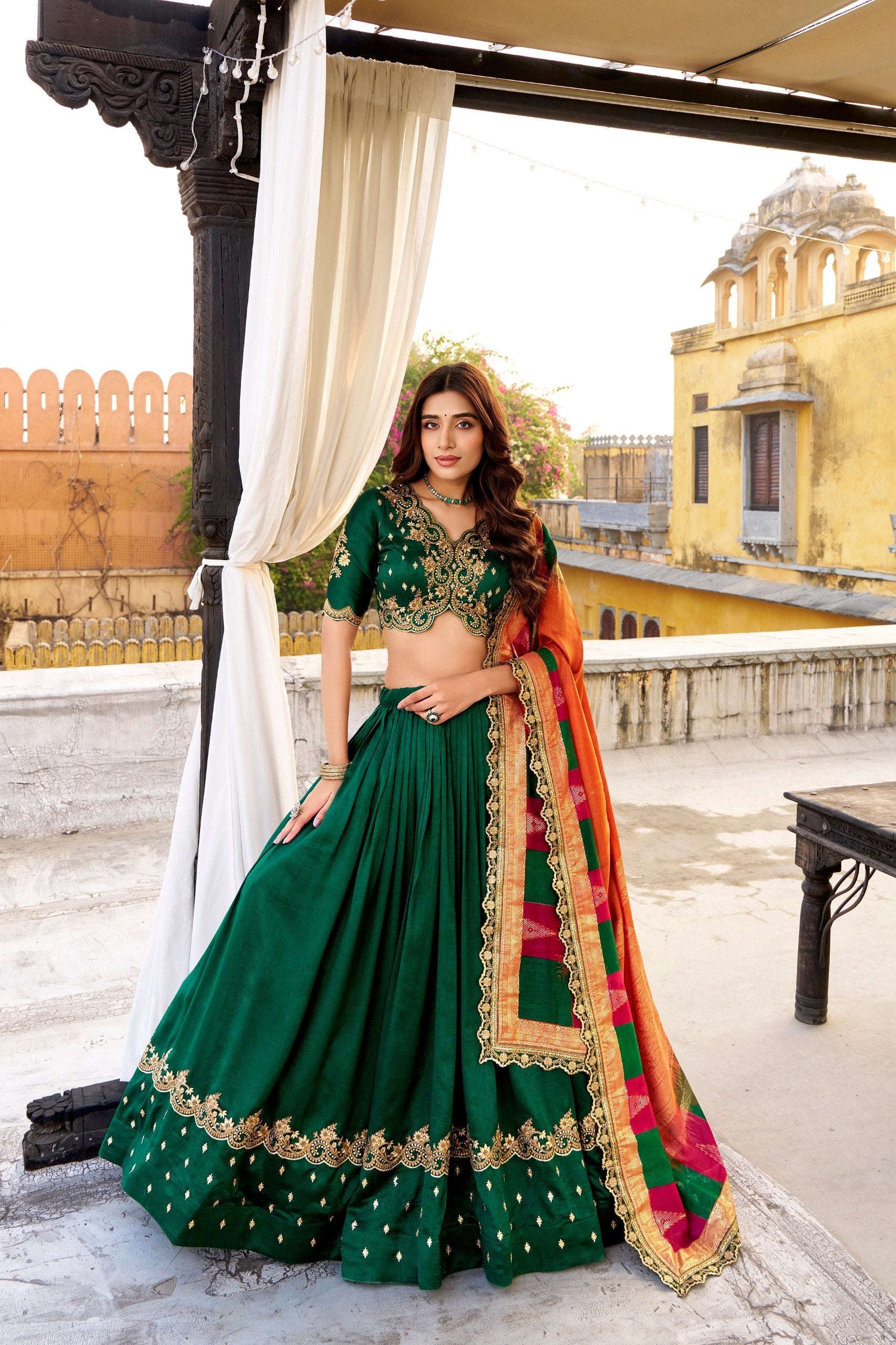 Green Silk Embroidered Lehenga Set