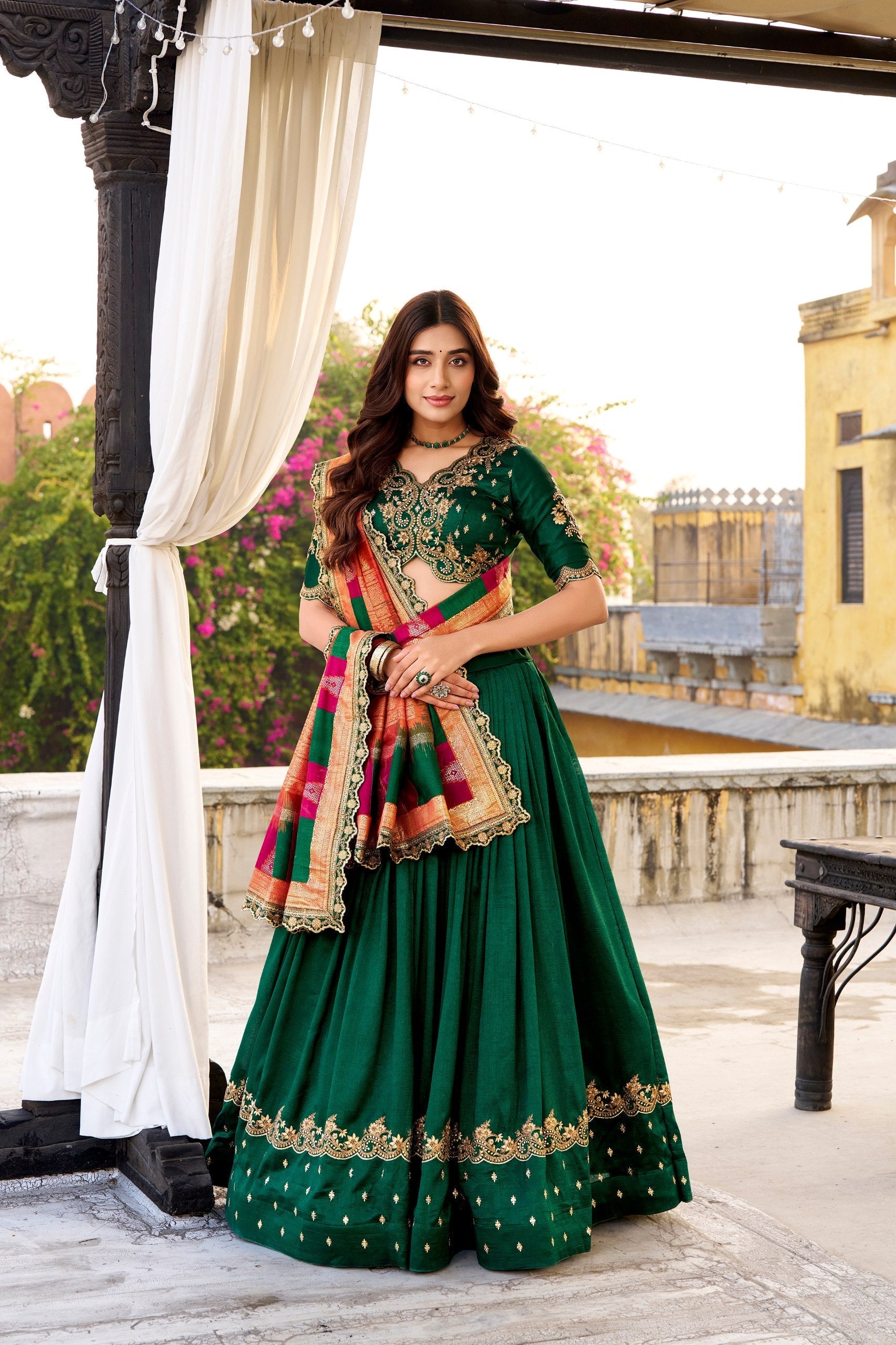 Green Silk Embroidered Lehenga Set
