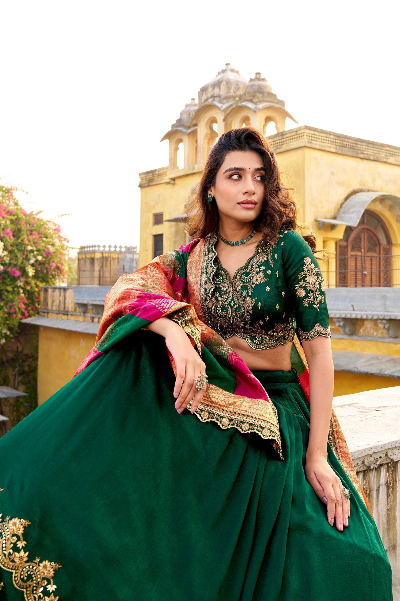 Green Silk Embroidered Lehenga Set