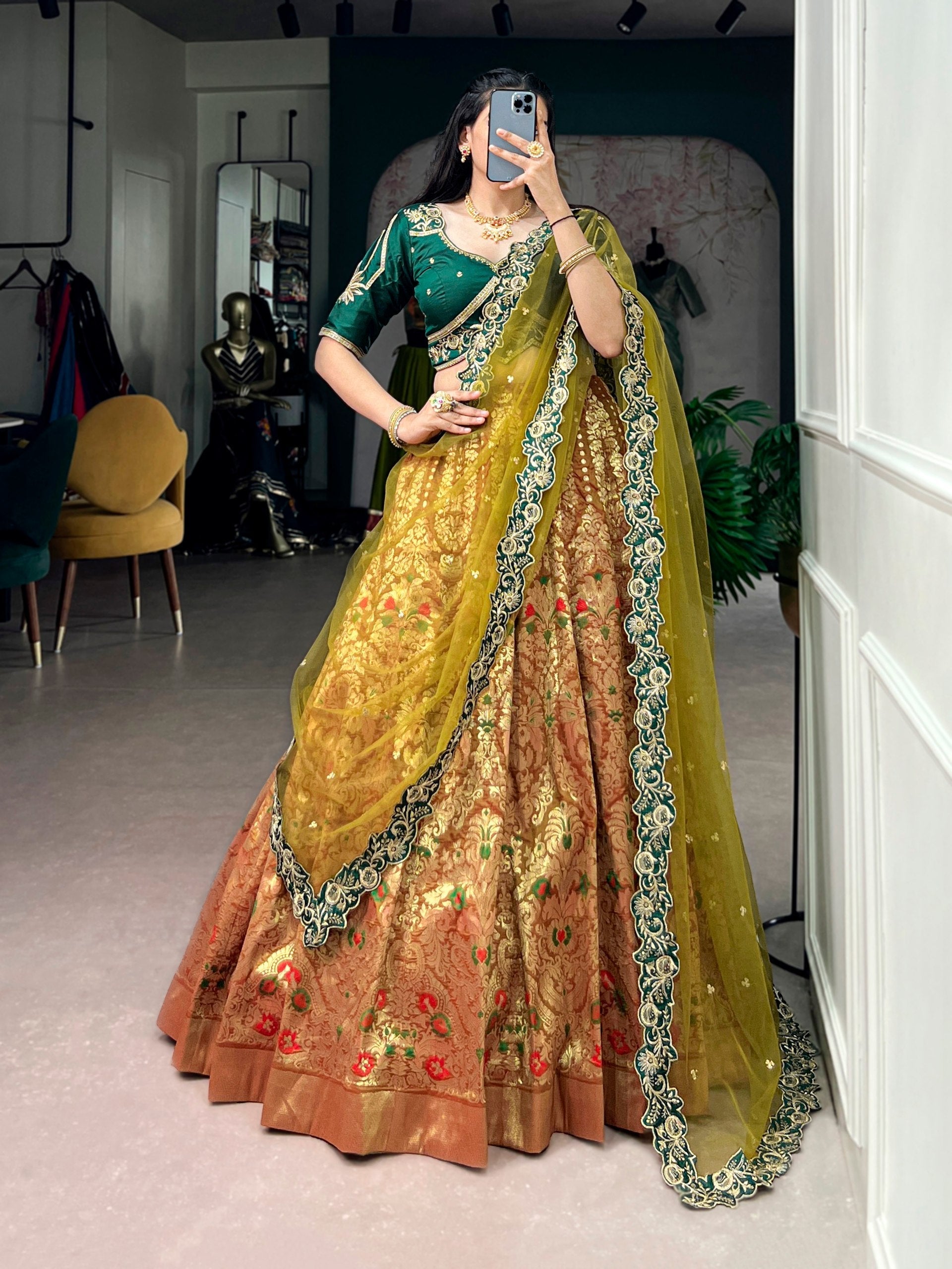 Green Silk Lehenga Choli with Zari Work