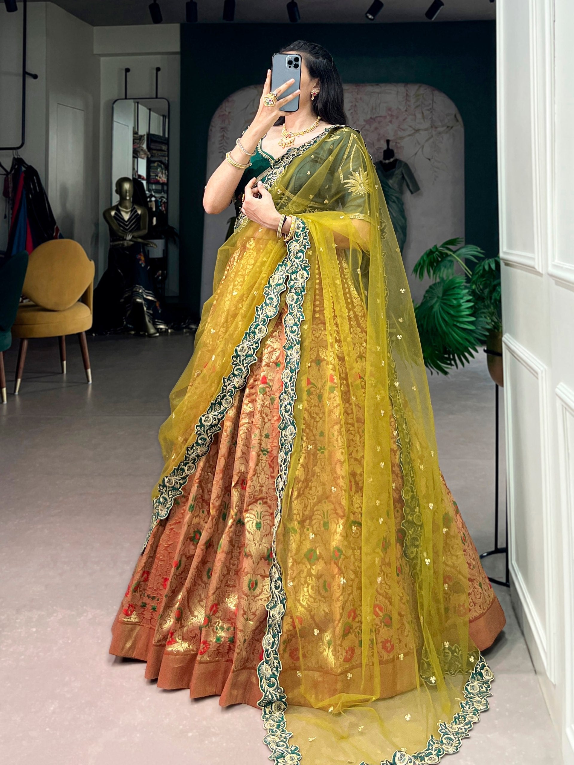 Green Silk Lehenga Choli with Zari Work