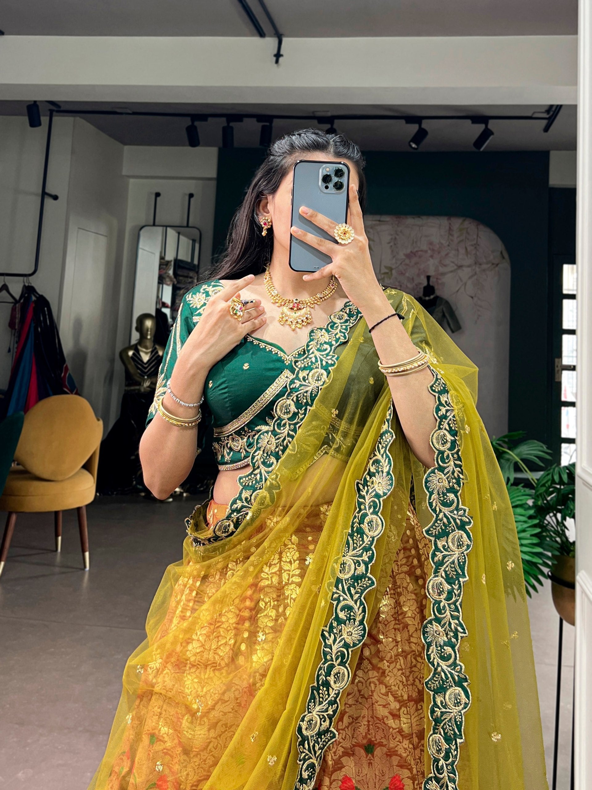 Green Silk Lehenga Choli with Zari Work