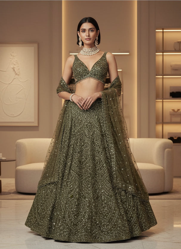 Green Silk Lehenga Set with Sequins & Thread Work