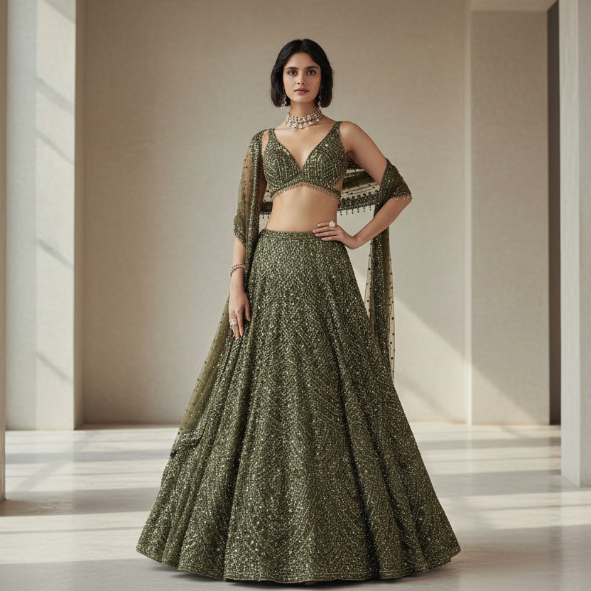 Green Silk Lehenga Set with Sequins & Thread Work