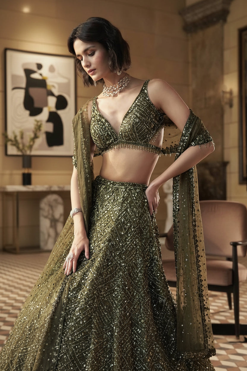 Green Silk Lehenga Set with Sequins & Thread Work