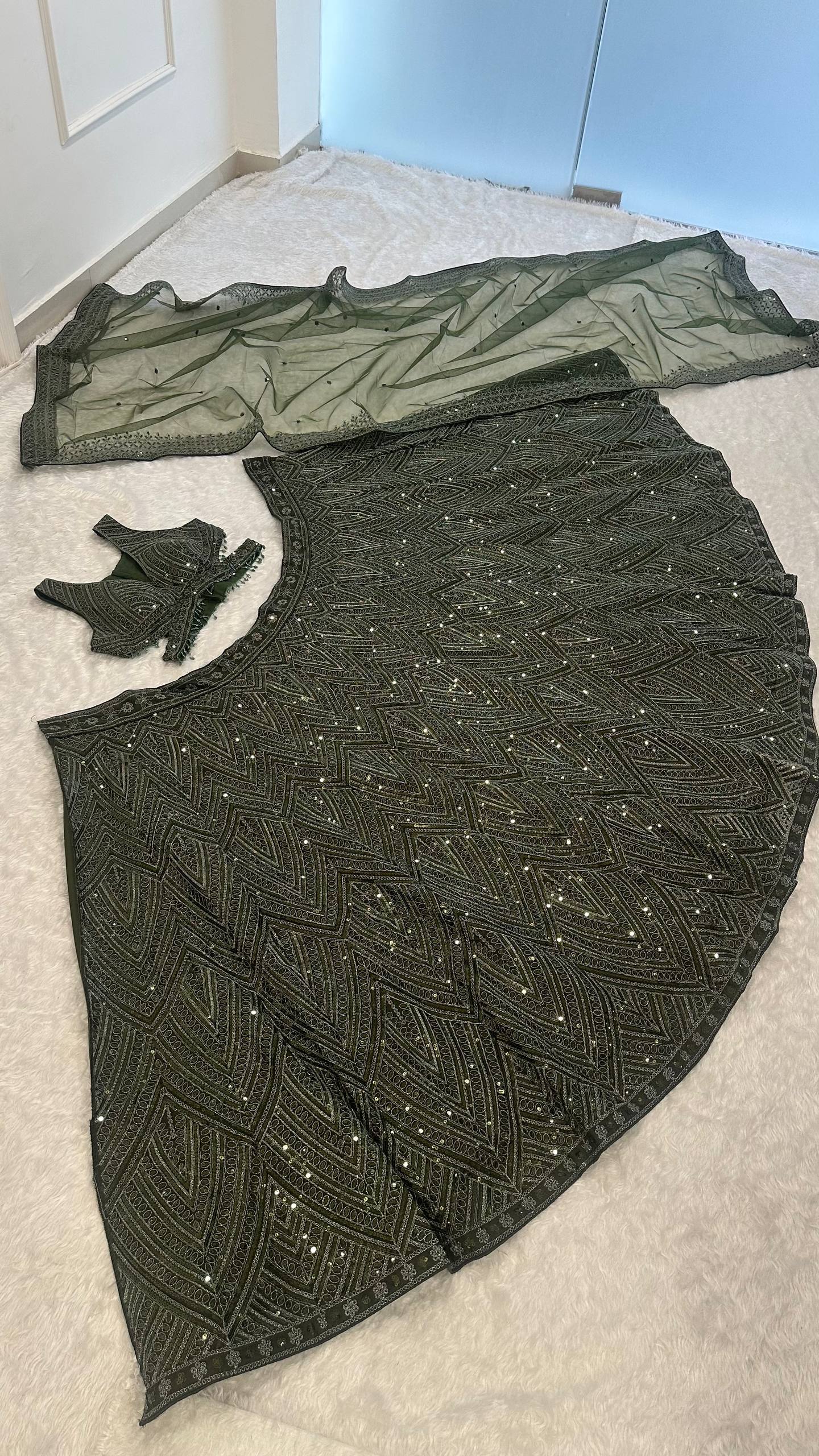 Green Silk Lehenga Set with Sequins & Thread Work
