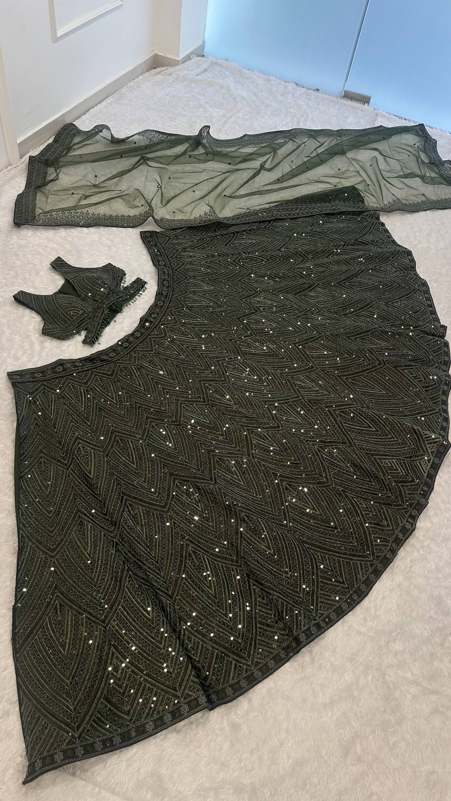 Green Silk Lehenga Set with Sequins & Thread Work