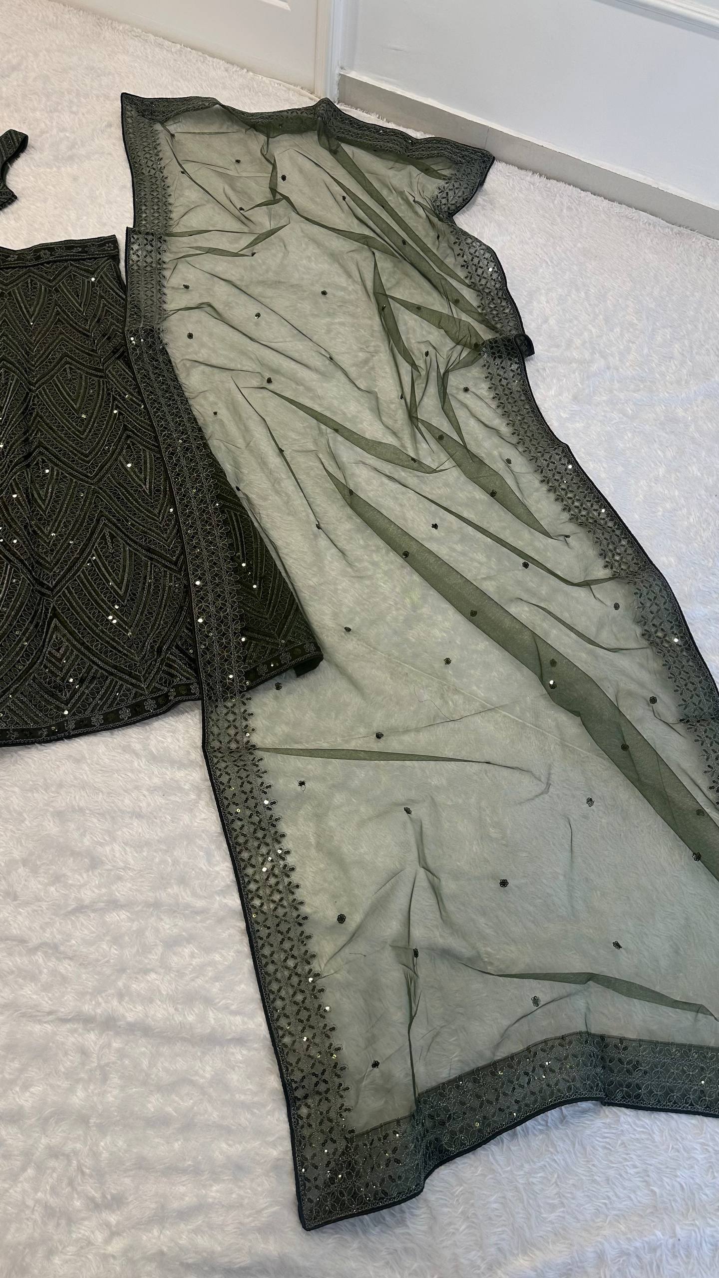 Green Silk Lehenga Set with Sequins & Thread Work