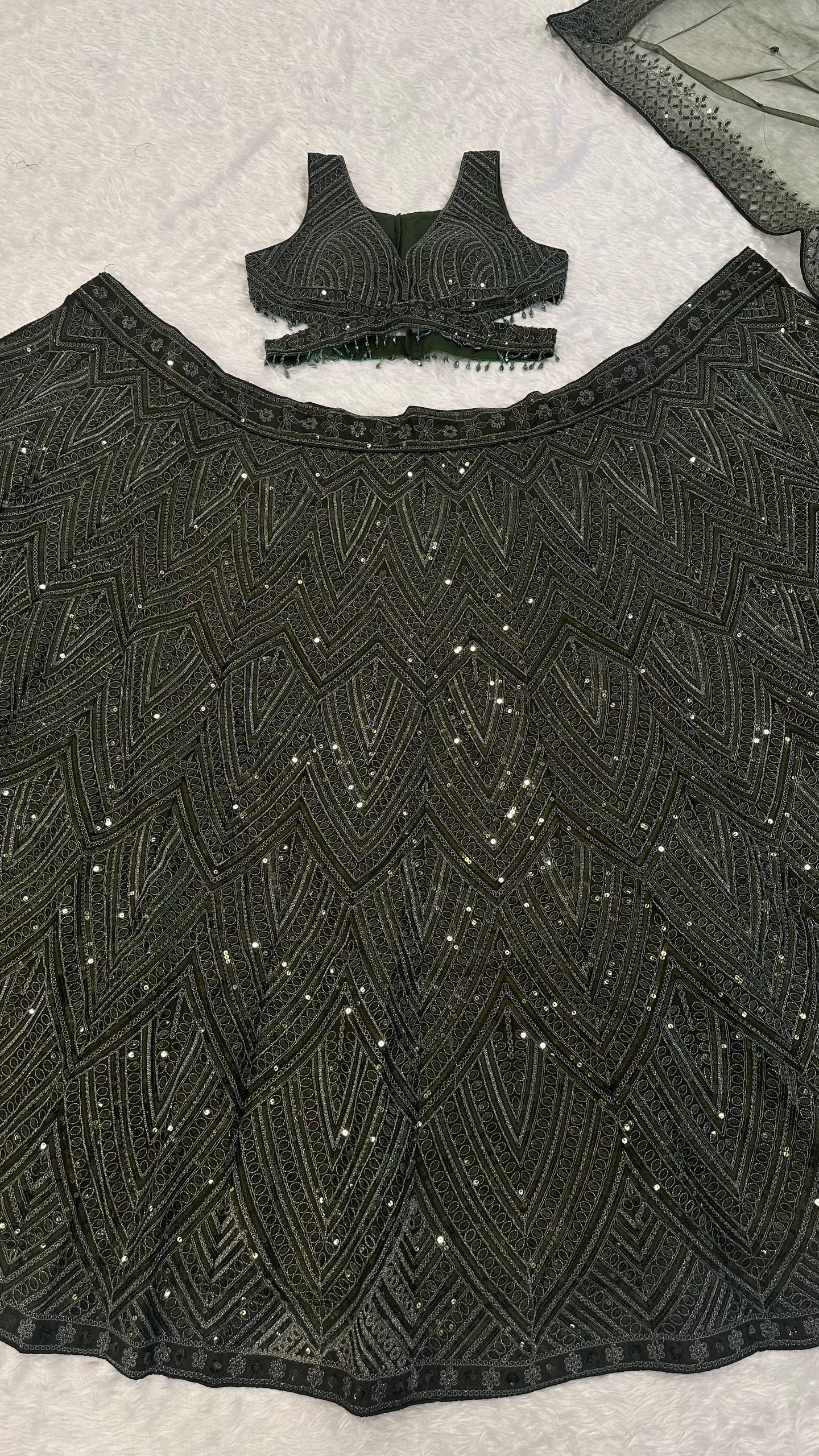 Green Silk Lehenga Set with Sequins & Thread Work