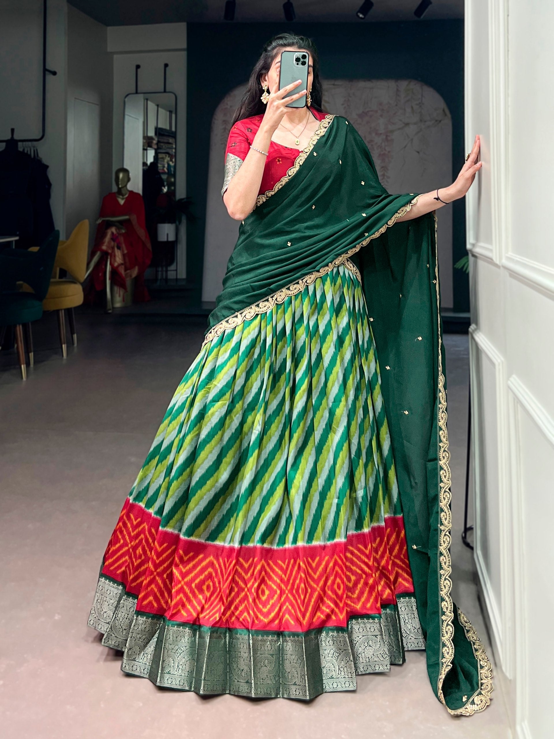 Green Silk Leheriya Print Lehenga Choli