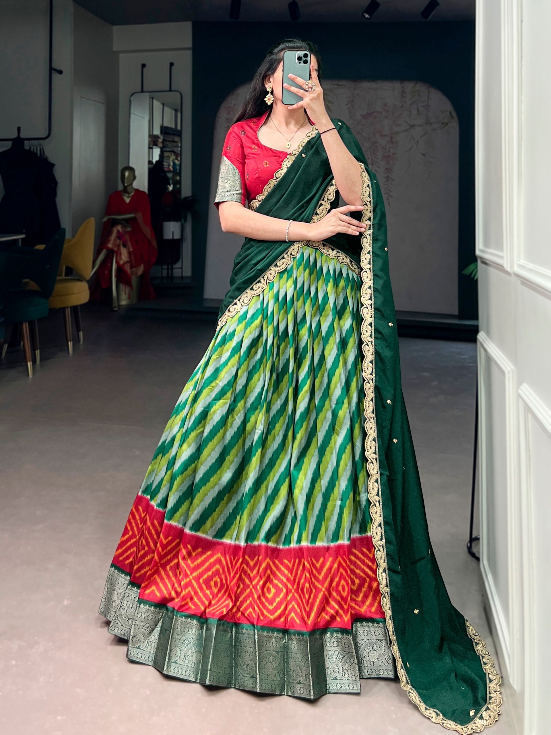 Green Silk Leheriya Print Lehenga Choli
