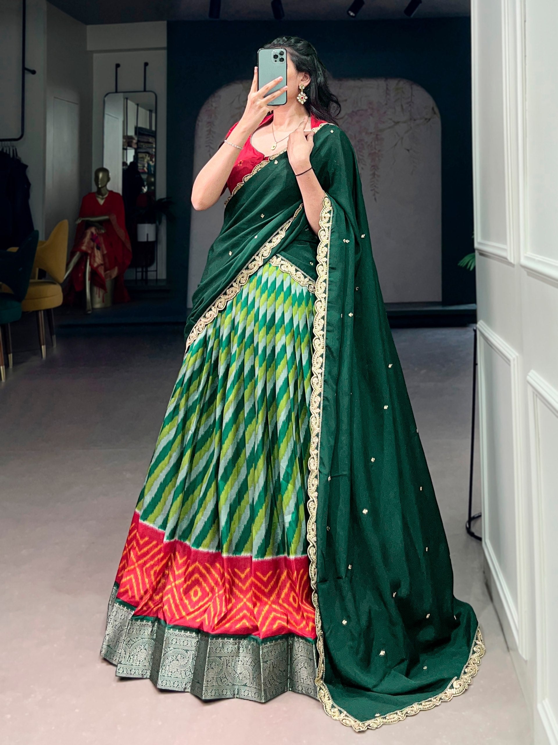 Green Silk Leheriya Print Lehenga Choli