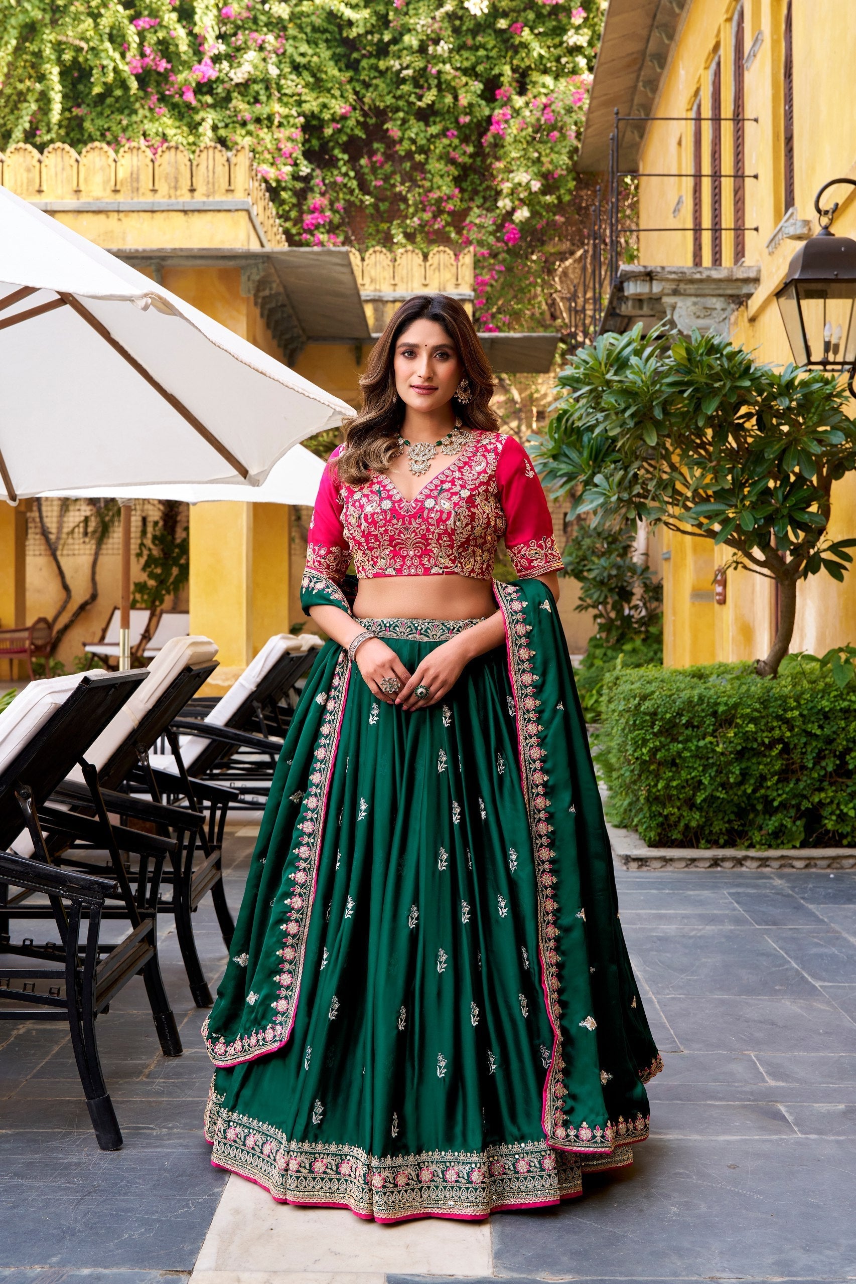 Green Silk Satin Embroidered Lehenga Choli Set