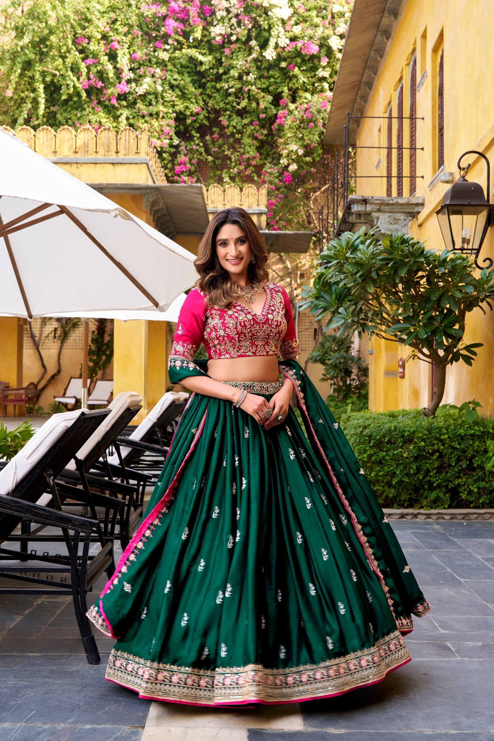 Green Silk Satin Embroidered Lehenga Choli Set