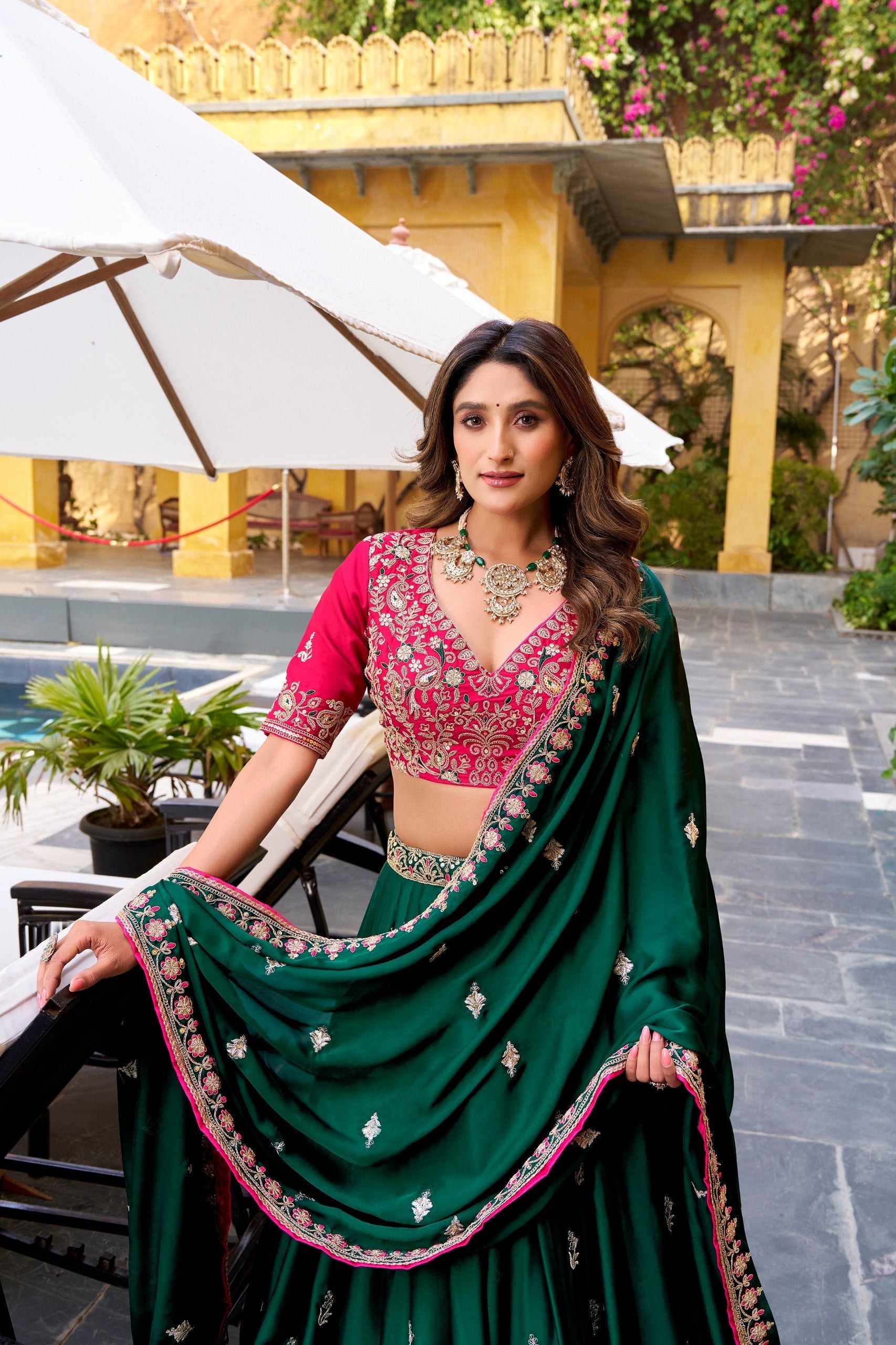 Green Silk Satin Embroidered Lehenga Choli Set