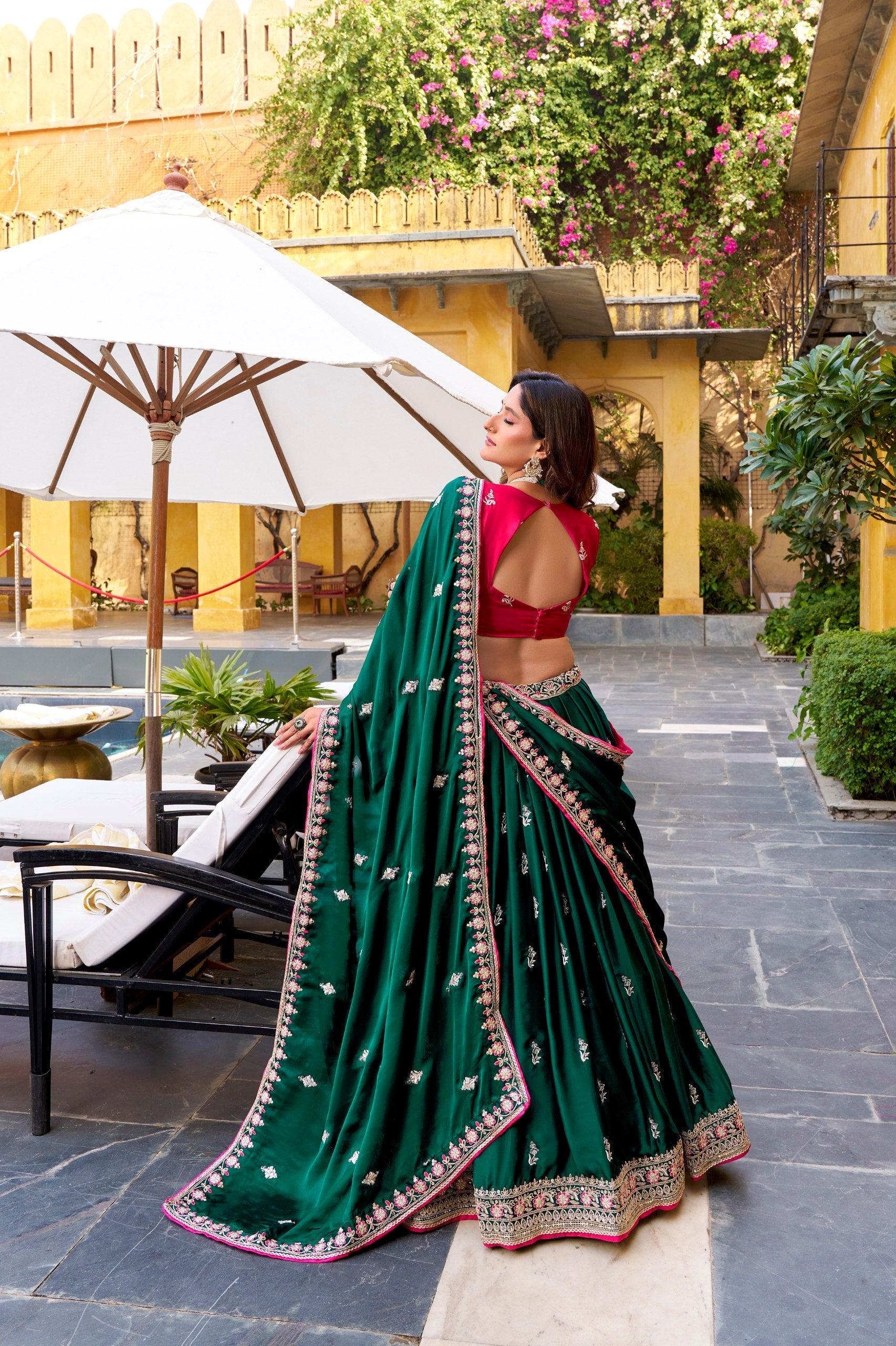 Green Silk Satin Embroidered Lehenga Choli Set