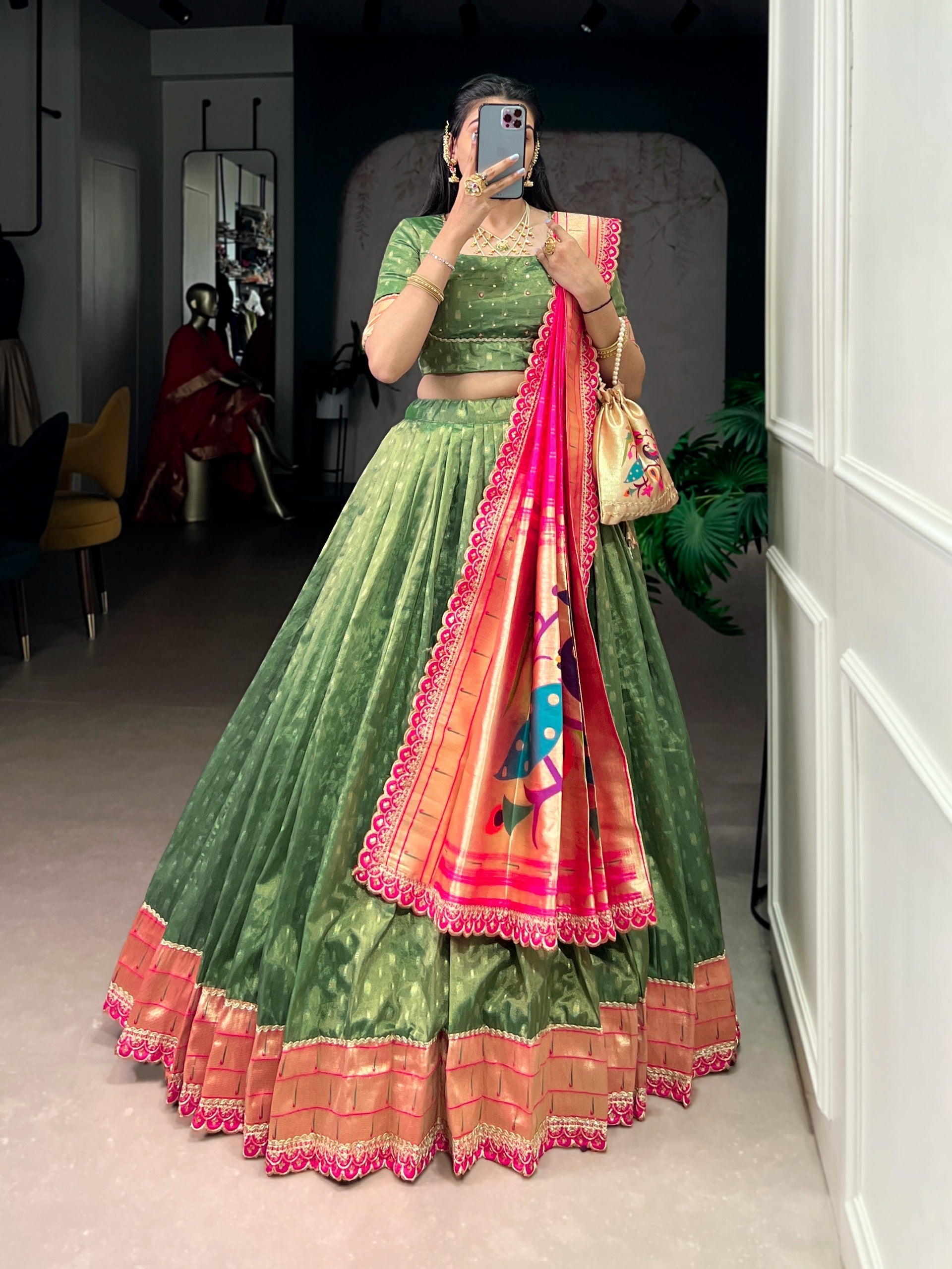 Green Simmer Lehenga with Paithani Dupatta & Batwa