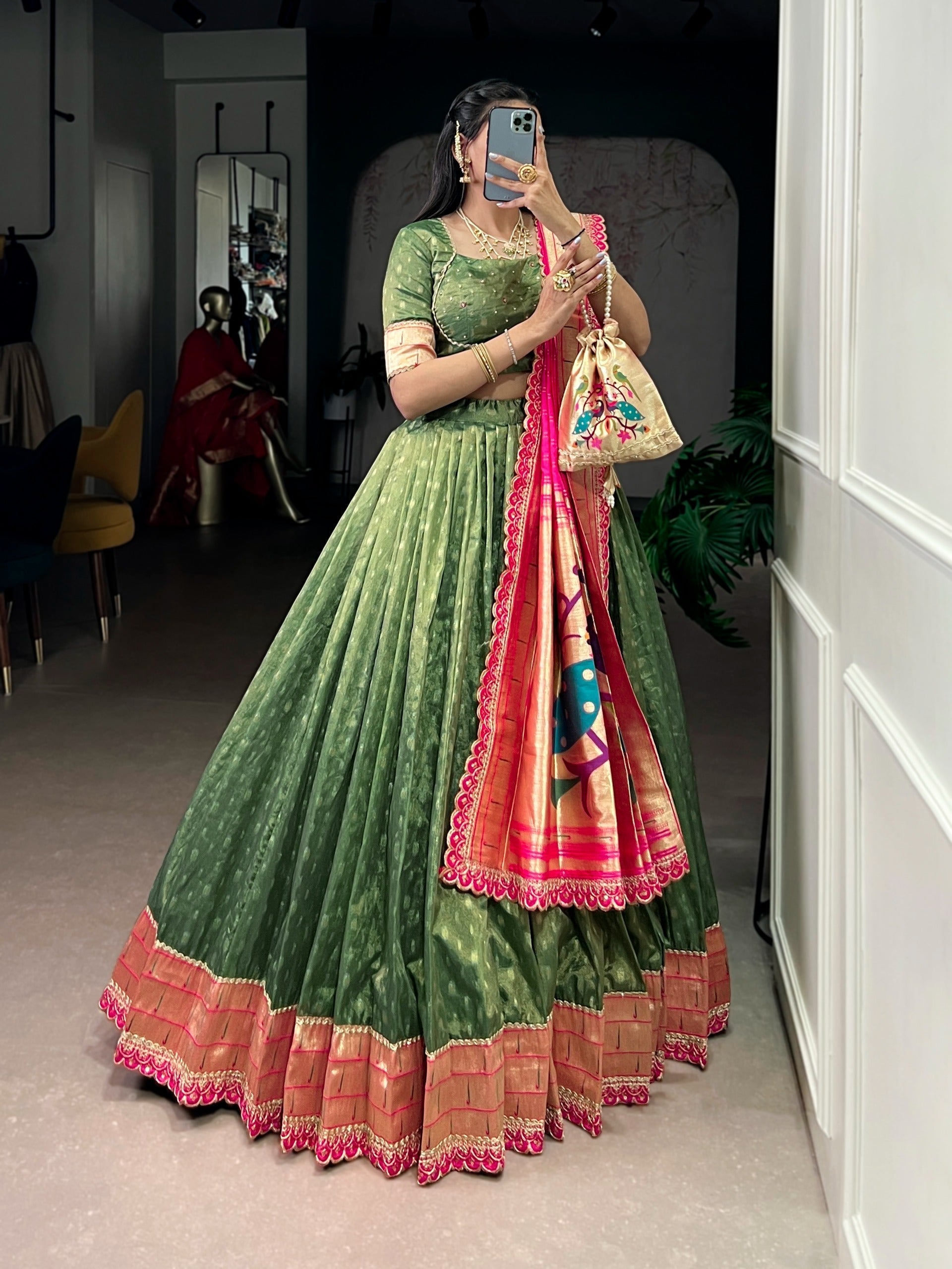 Green Simmer Lehenga with Paithani Dupatta & Batwa
