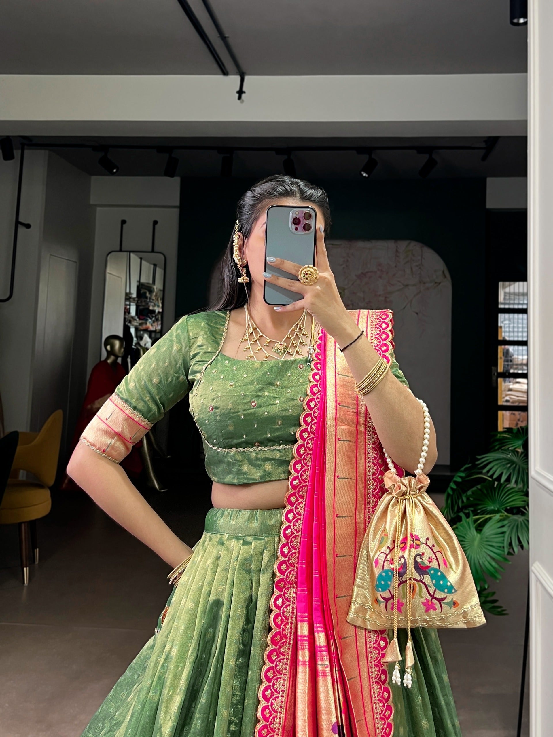 Green Simmer Lehenga with Paithani Dupatta & Batwa
