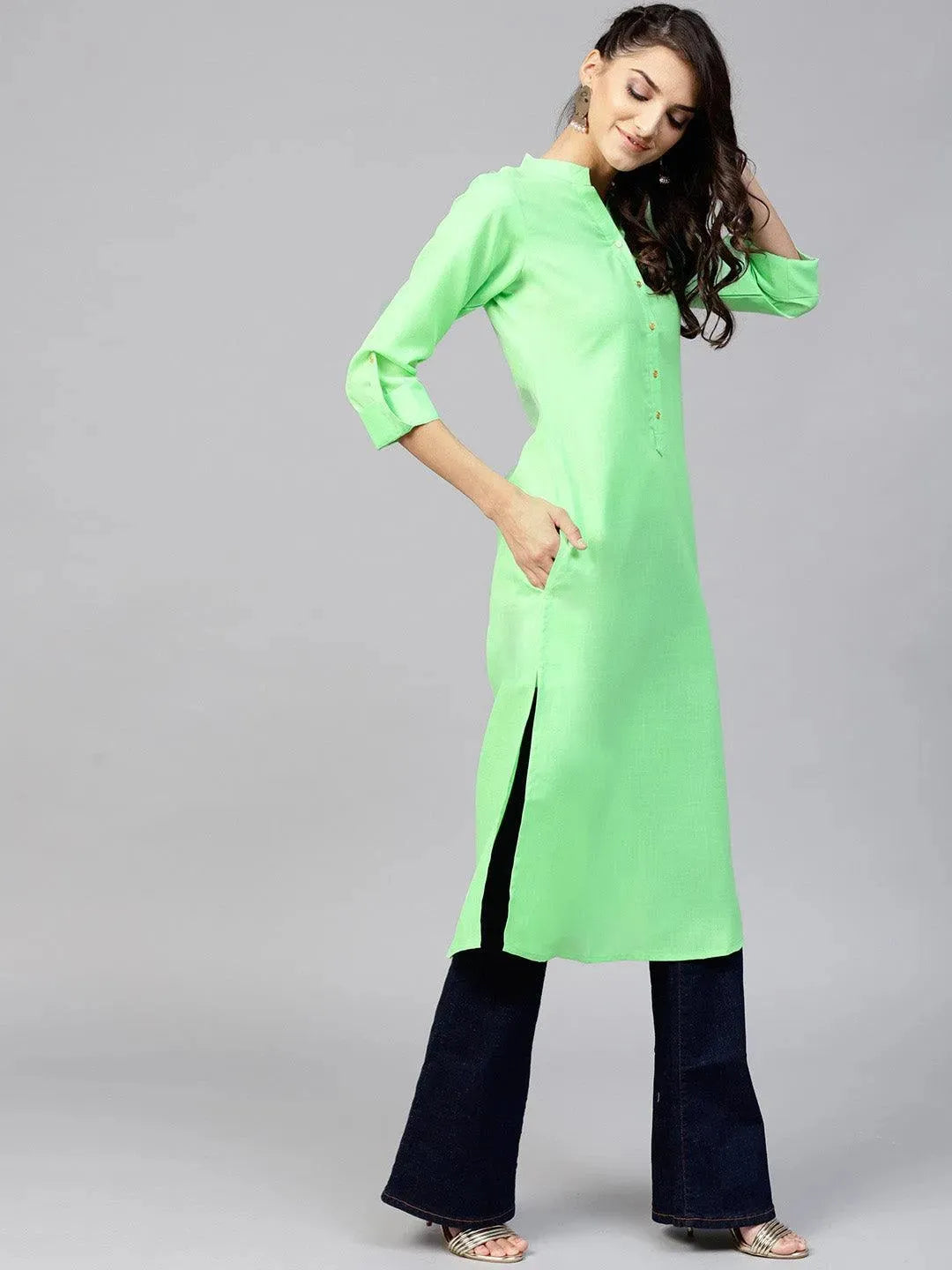 Anouk Green Solid Cotton Kurta