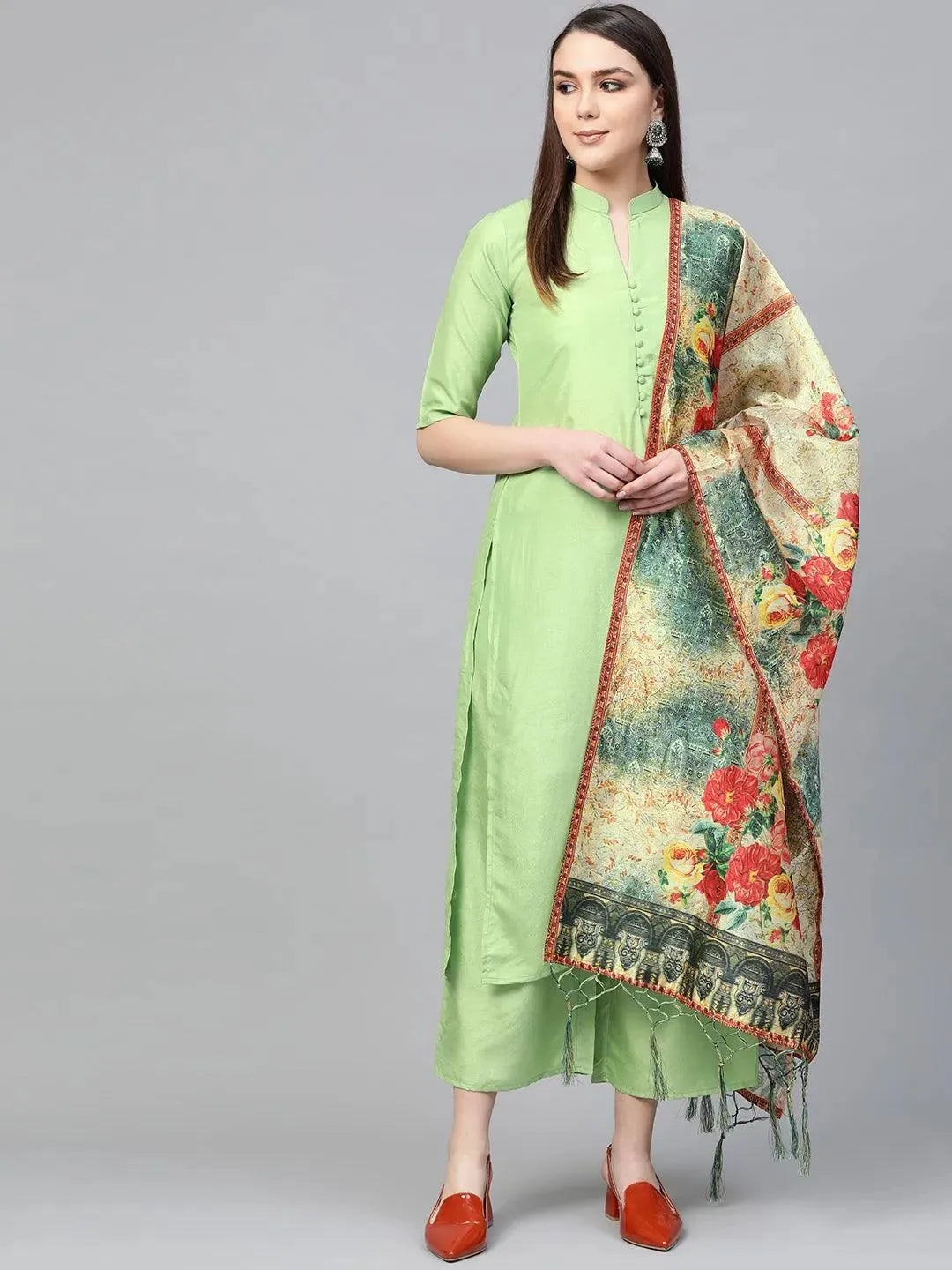 Anouk Green Solid Muslin Straight Kurta With Palazzos & Dupatta