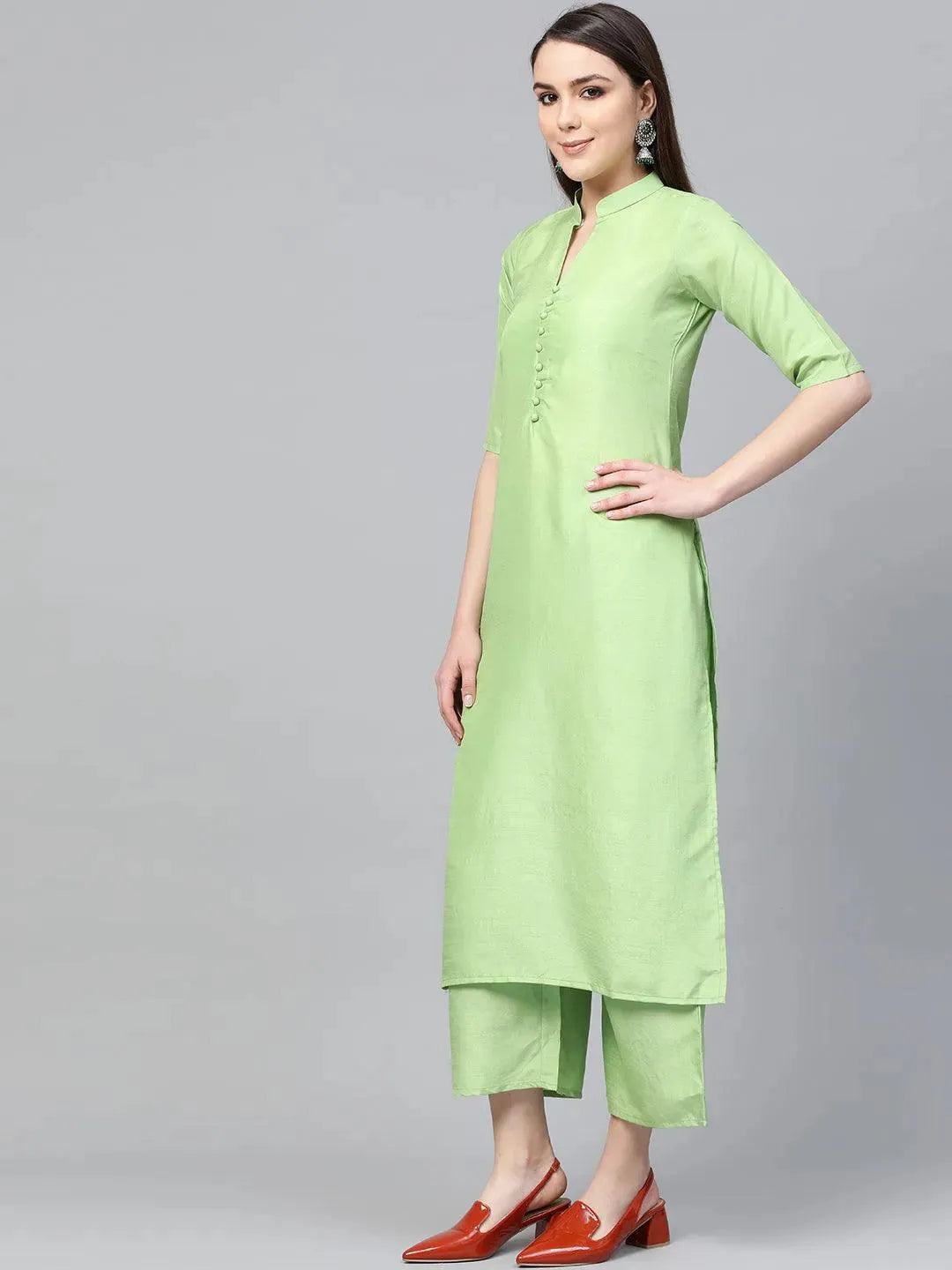 Anouk Green Solid Muslin Straight Kurta With Palazzos & Dupatta