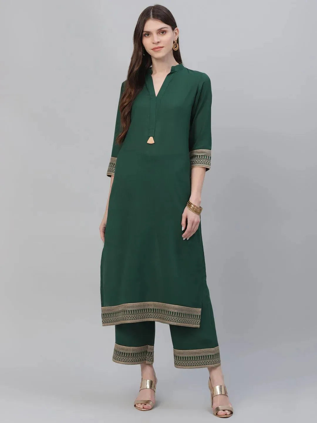 Anouk Green Solid Rayon Straight Kurta With Palazzos