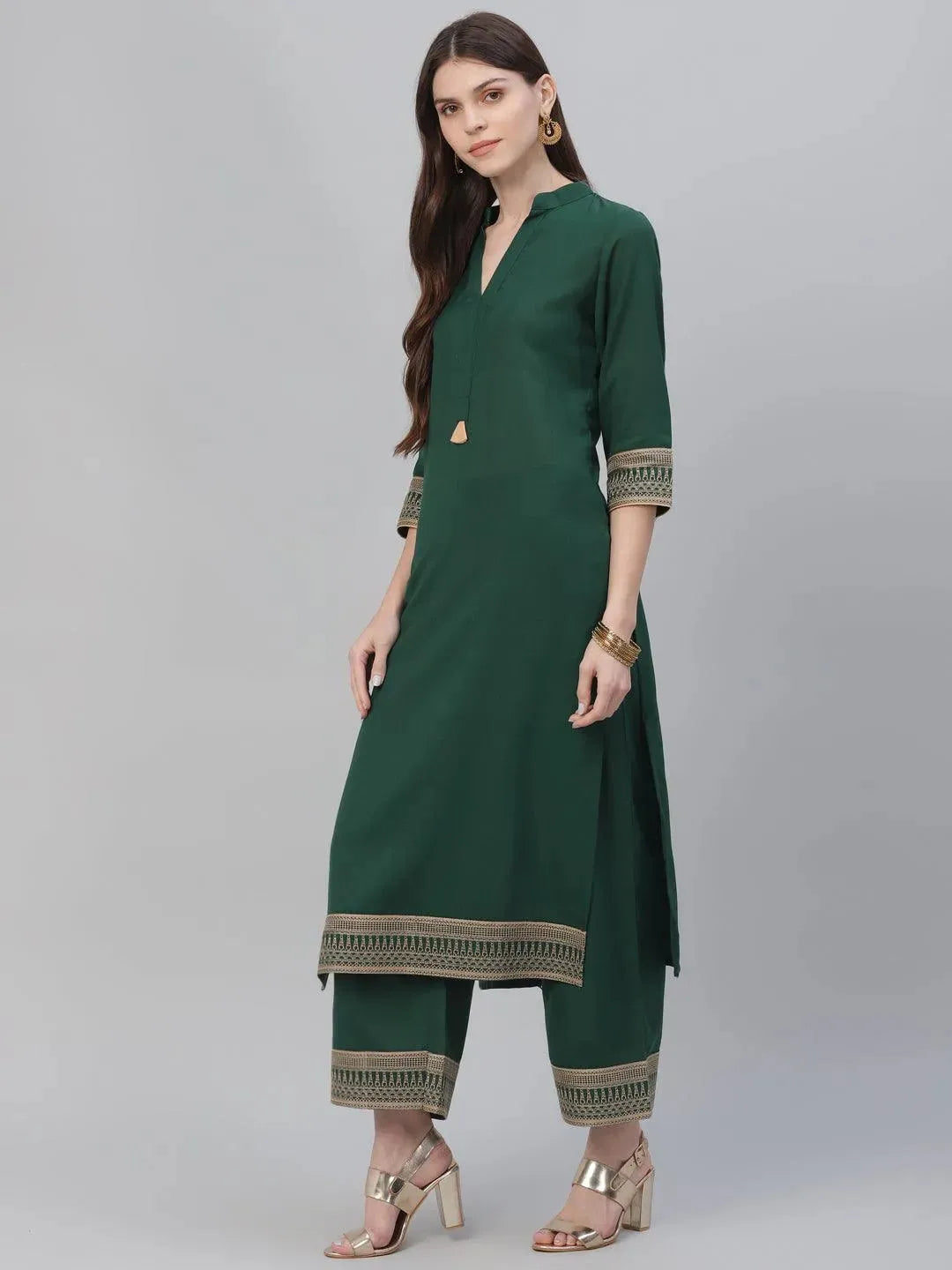 Anouk Green Solid Rayon Straight Kurta With Palazzos