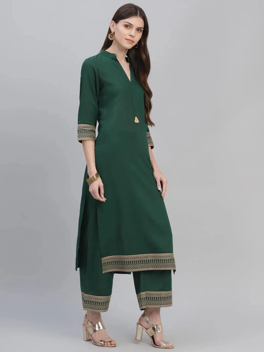 Anouk Green Solid Rayon Straight Kurta With Palazzos