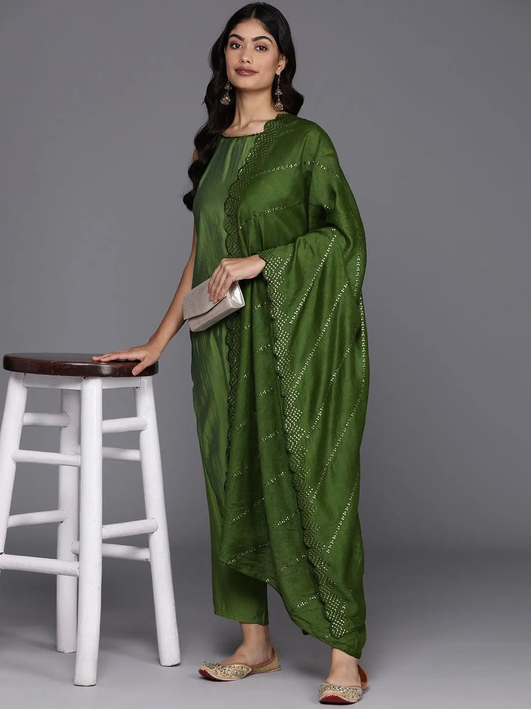 Anouk Green Solid Silk Blend Straight Suit With Dupatta