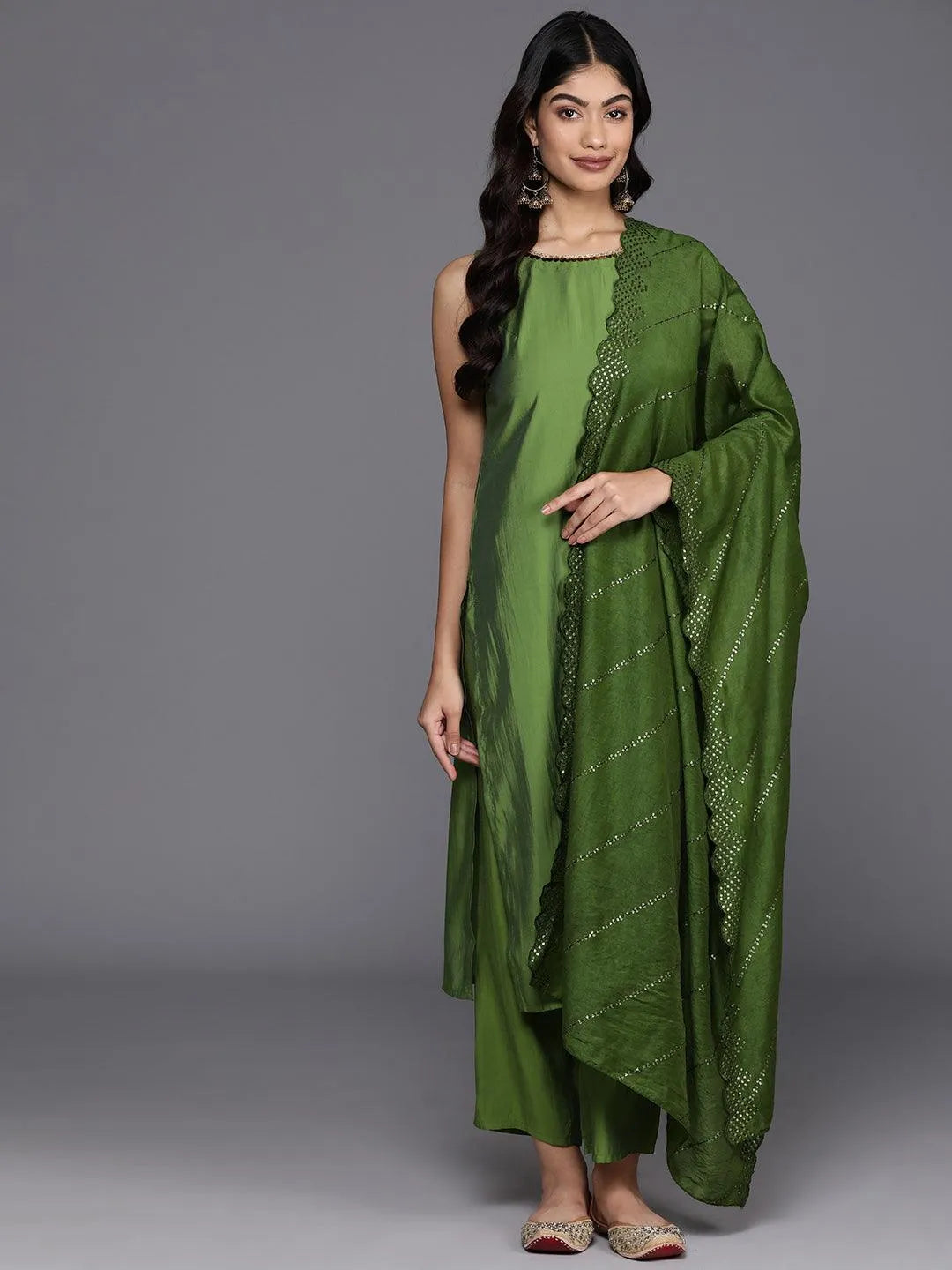 Anouk Green Solid Silk Blend Straight Suit With Dupatta