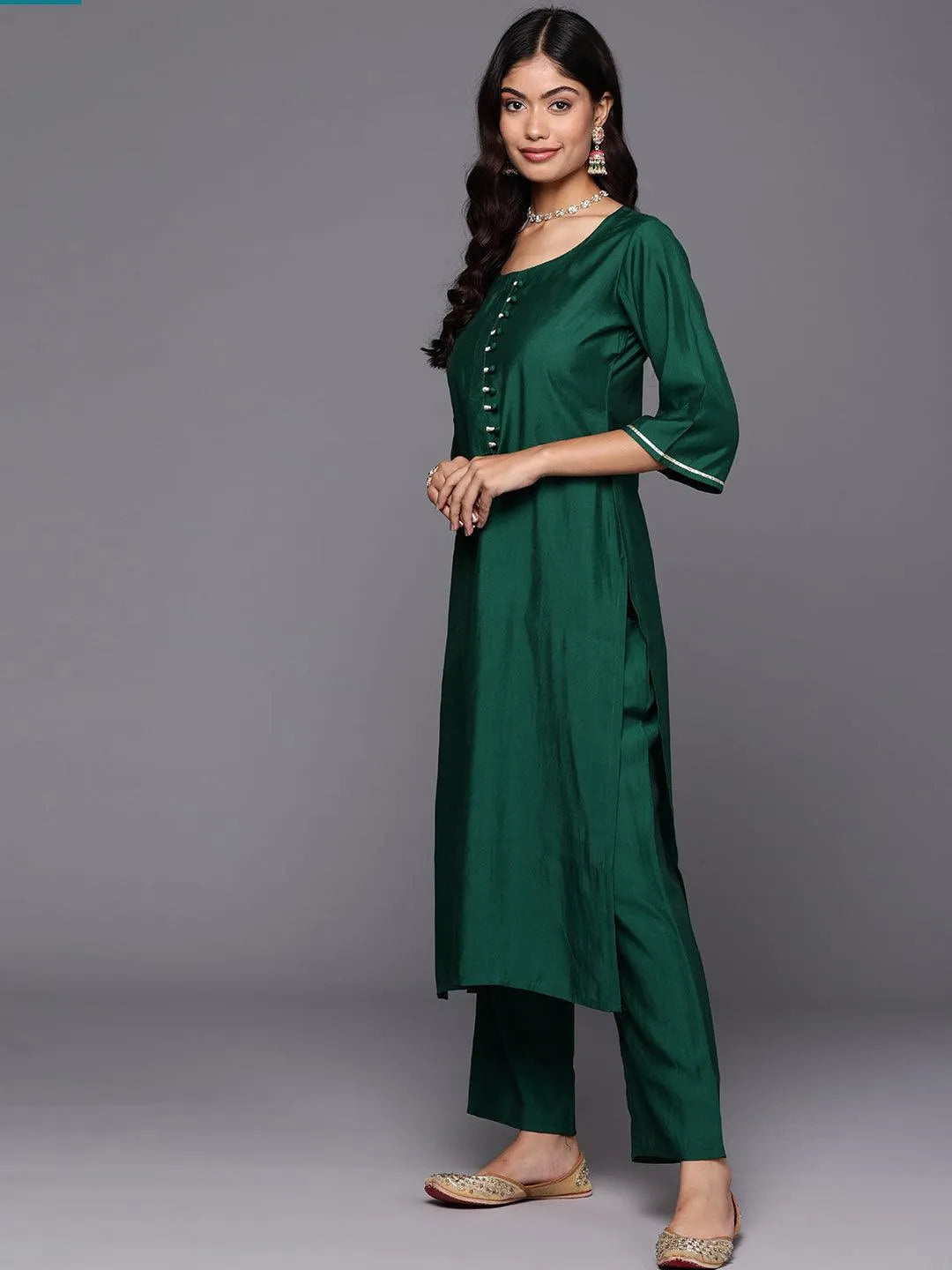 Anouk Green Solid Silk Blend Straight Suit With Dupatta