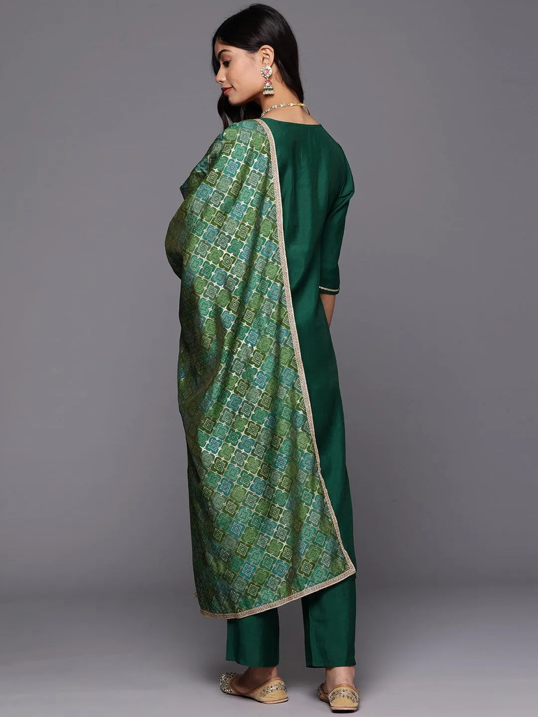 Anouk Green Solid Silk Blend Straight Suit With Dupatta