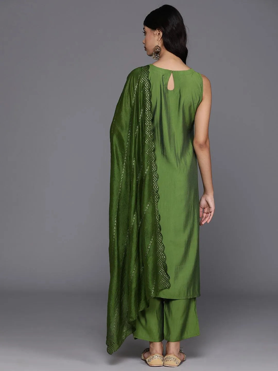 Anouk Green Solid Silk Blend Straight Suit With Dupatta