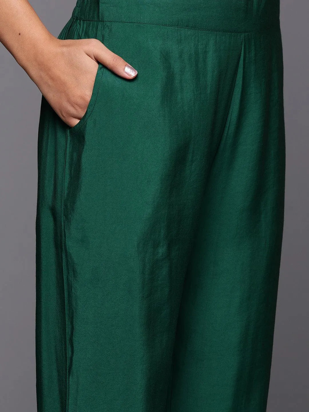 Anouk Green Solid Silk Blend Straight Suit With Dupatta