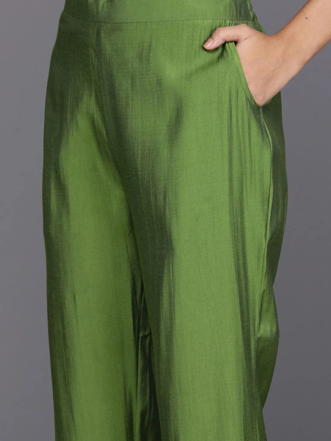 Anouk Green Solid Silk Blend Straight Suit With Dupatta