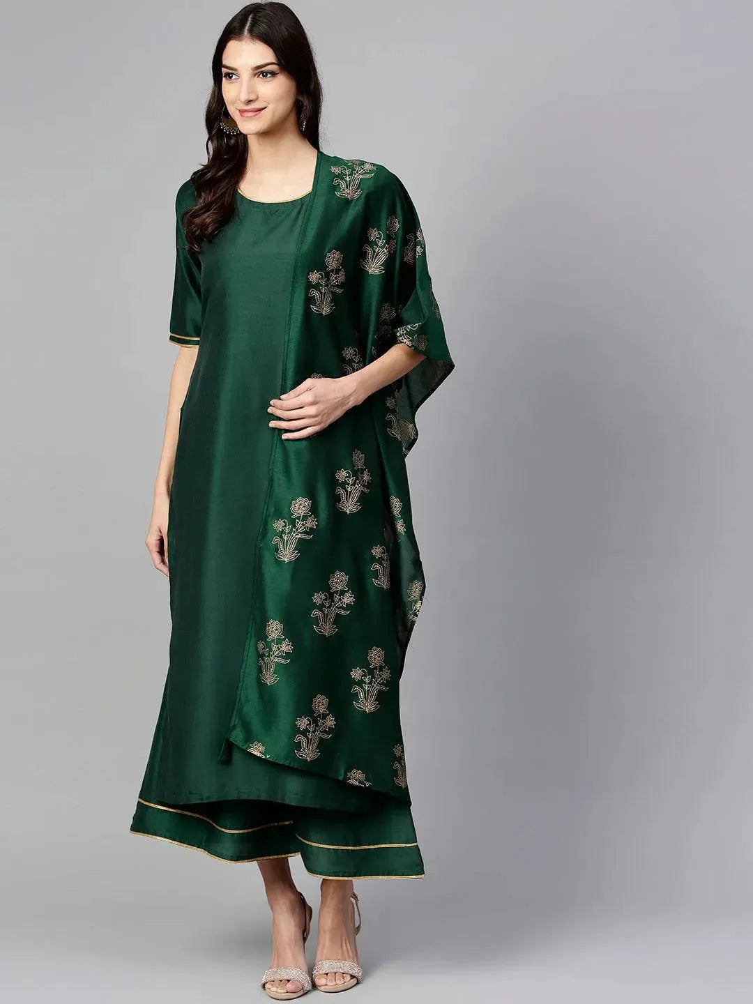 Anouk Green Solid Silk Straight Kurta With Palazzos & Stole