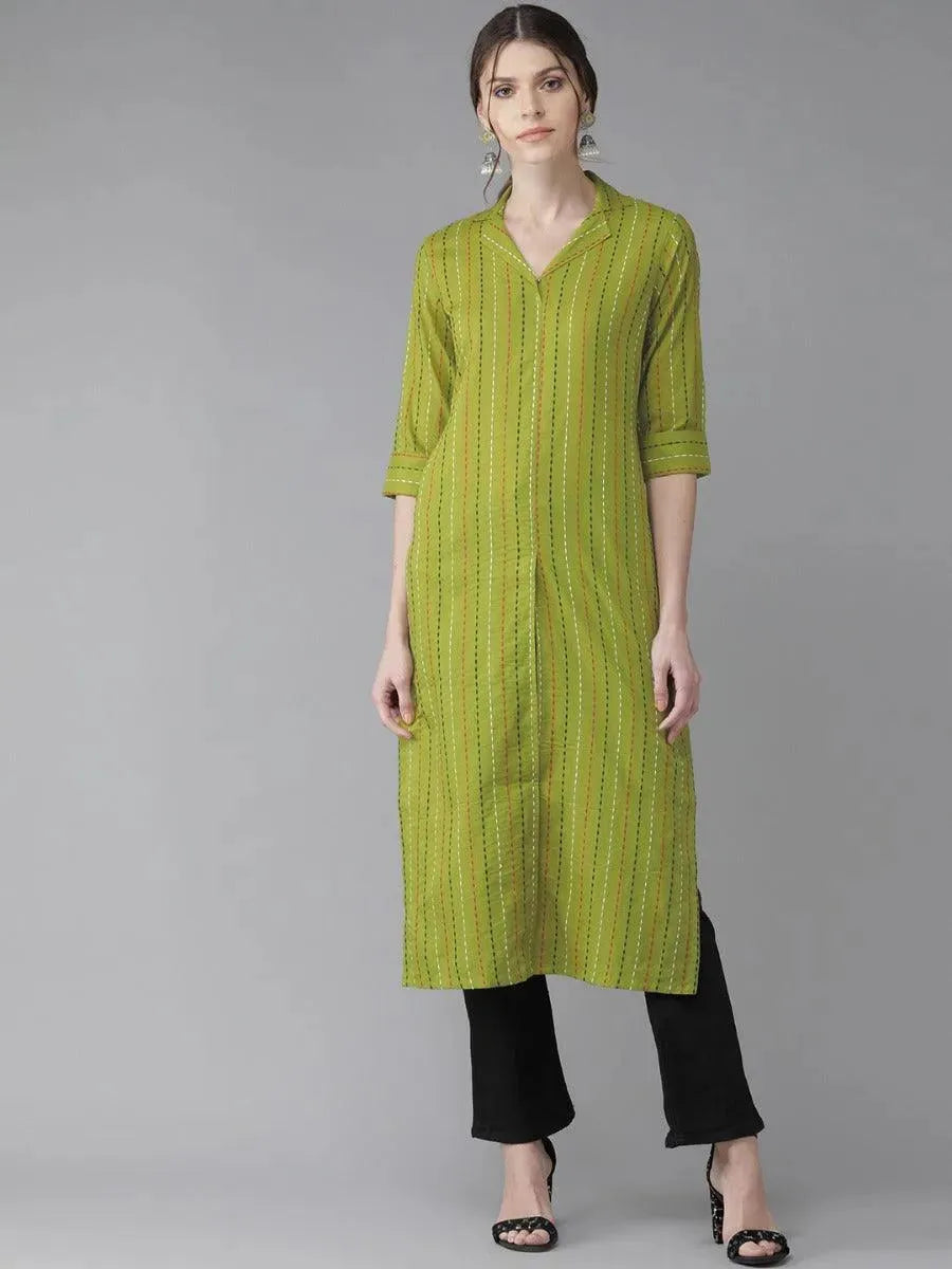 Anouk Green Striped Cotton Kurta