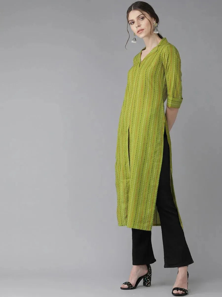 Anouk Green Striped Cotton Kurta