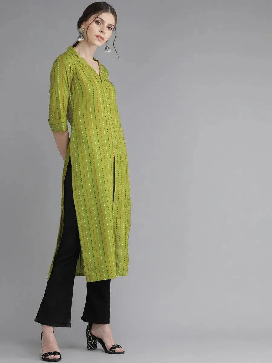 Anouk Green Striped Cotton Kurta