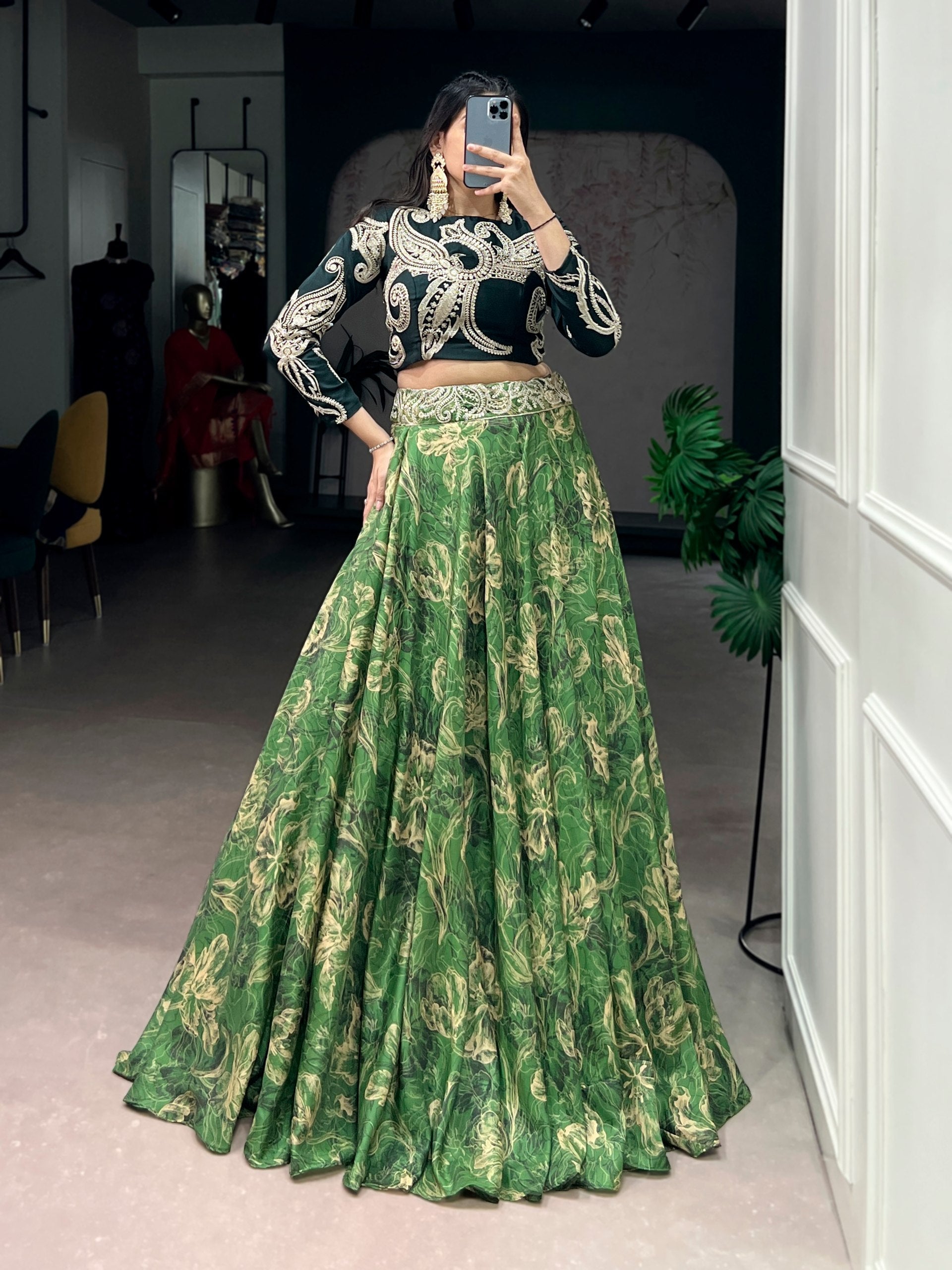 Green Tasar Silk Lehenga & Embroidered Blouse