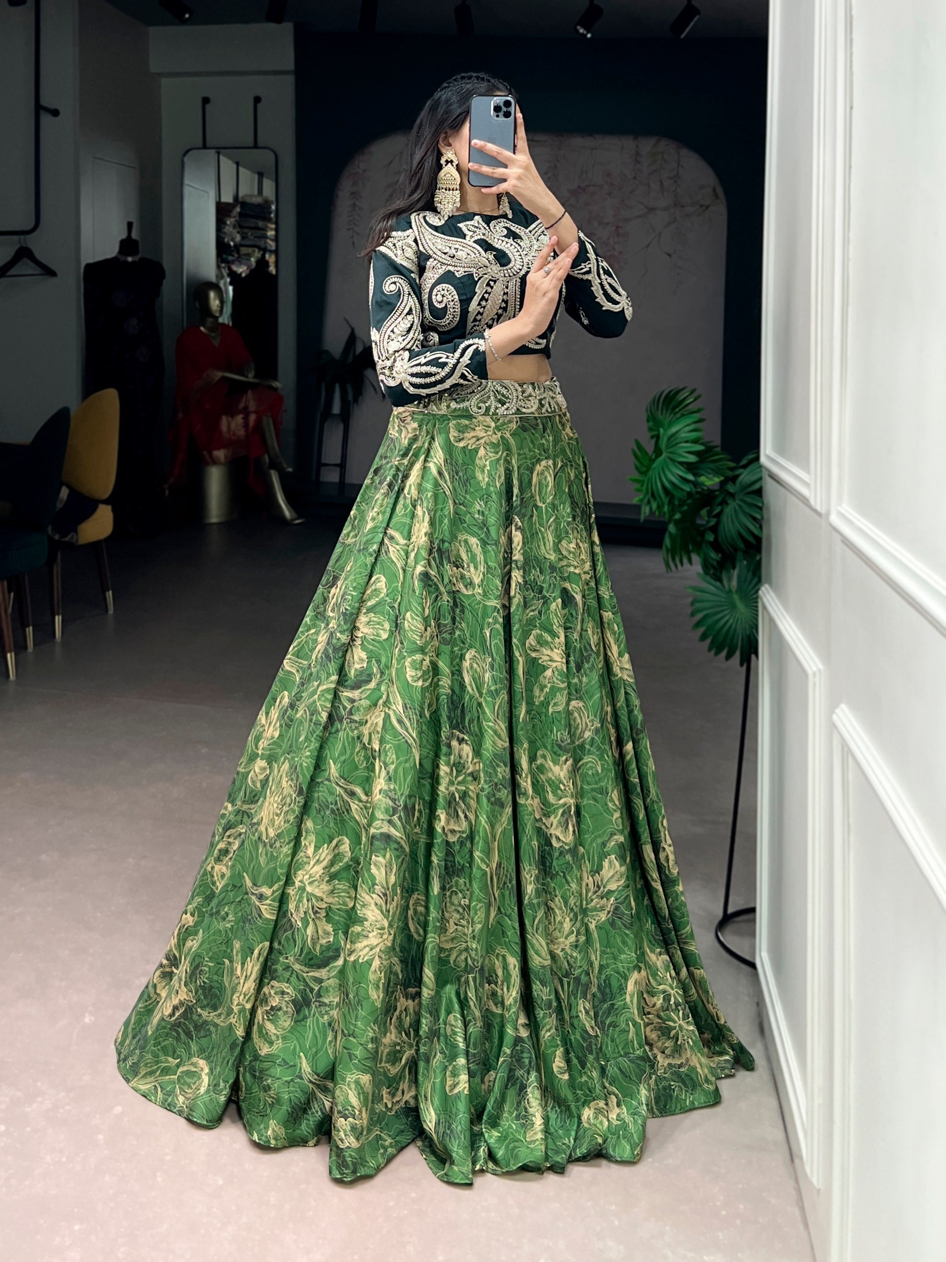 Green Tasar Silk Lehenga & Embroidered Blouse