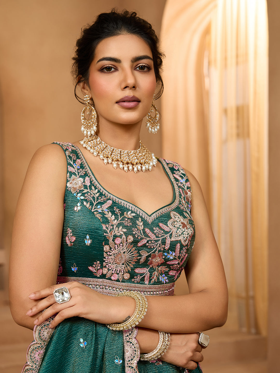 Green Tissue Lehenga Choli with Sequins, Stones & Thread Embroidery – Full-Flared Semi-Stitched Lehenga with Dupatta