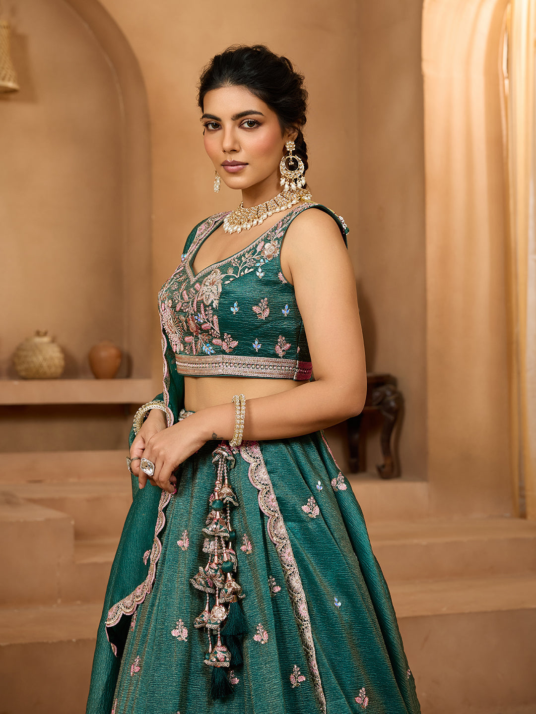 Green Tissue Lehenga Choli with Sequins, Stones & Thread Embroidery – Full-Flared Semi-Stitched Lehenga with Dupatta