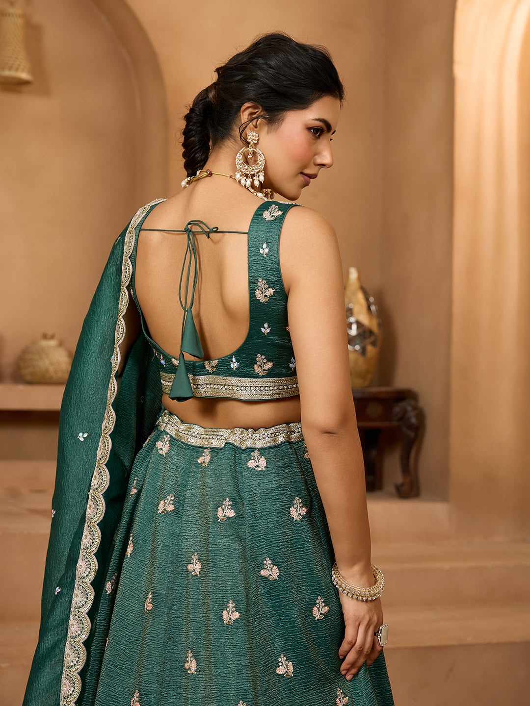 Green Tissue Lehenga Choli with Sequins, Stones & Thread Embroidery – Full-Flared Semi-Stitched Lehenga with Dupatta